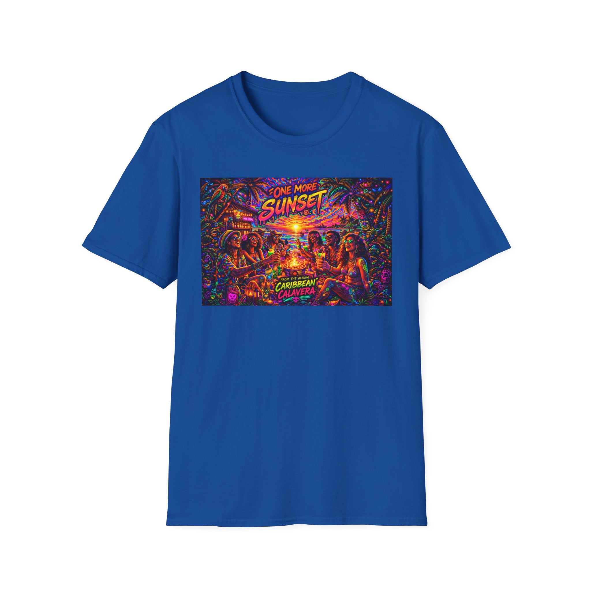 One More Sunset Bonfire Graphic T-Shirt  Song Cover Art From The Caribbean Calavera Album   — "Sunset" Neon Beach Party Tee
