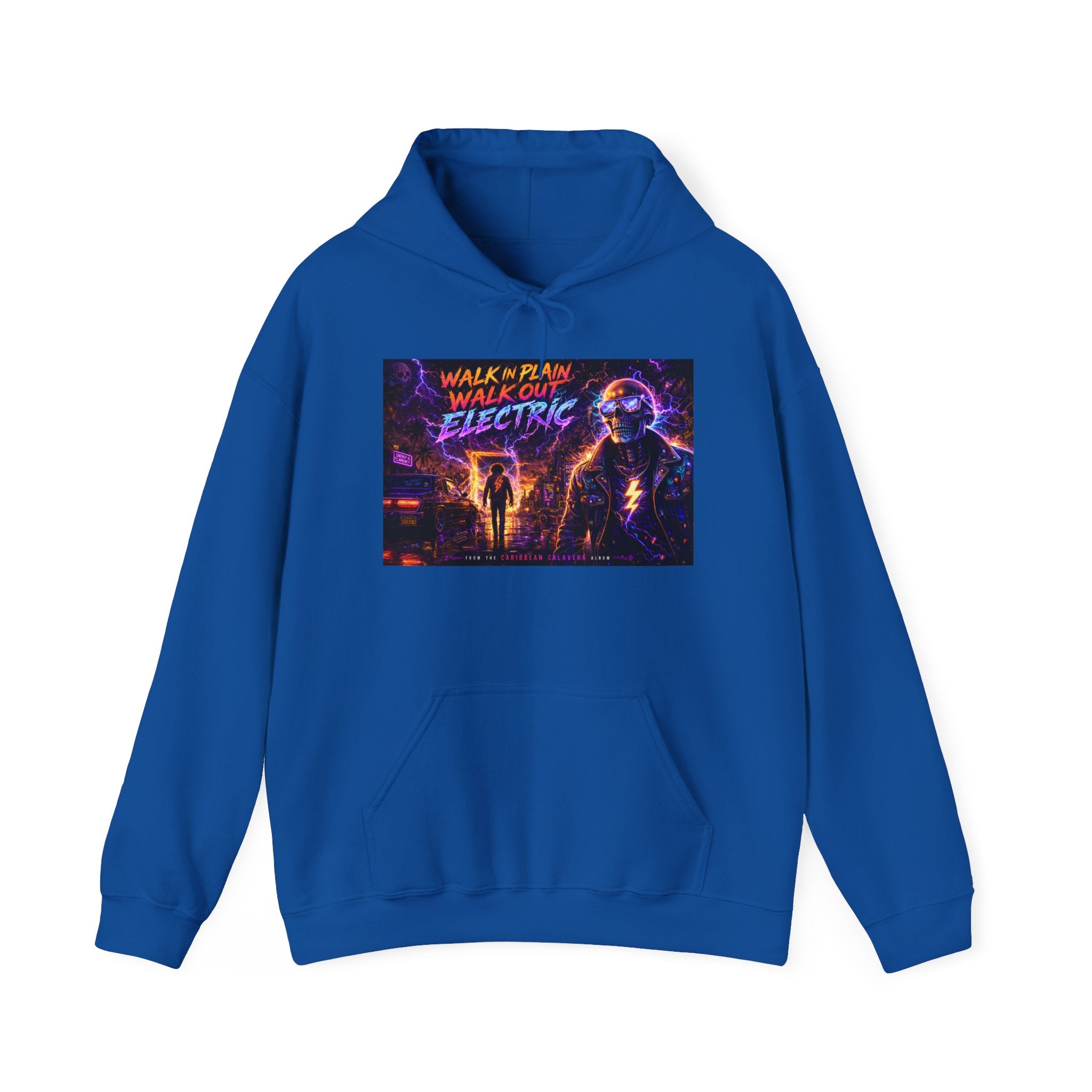 Hoodie — Neon 'Walk With Me, Walk Out Electric' Retro Cyberpunk Design