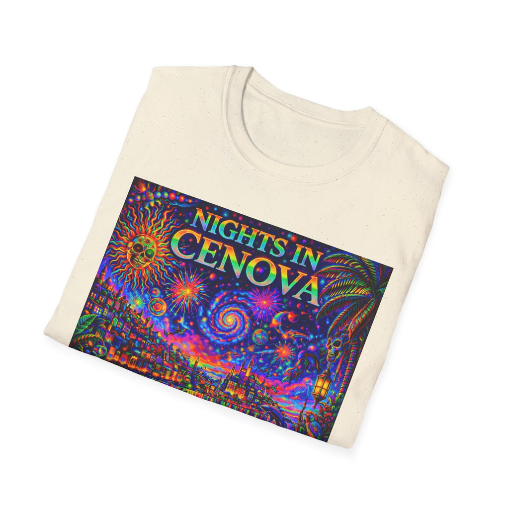 Nights in Cenovia T-Shirt  Song Cover Art From The Caribbean Calavera Album   — Colorful Fireworks Cityscape Tee