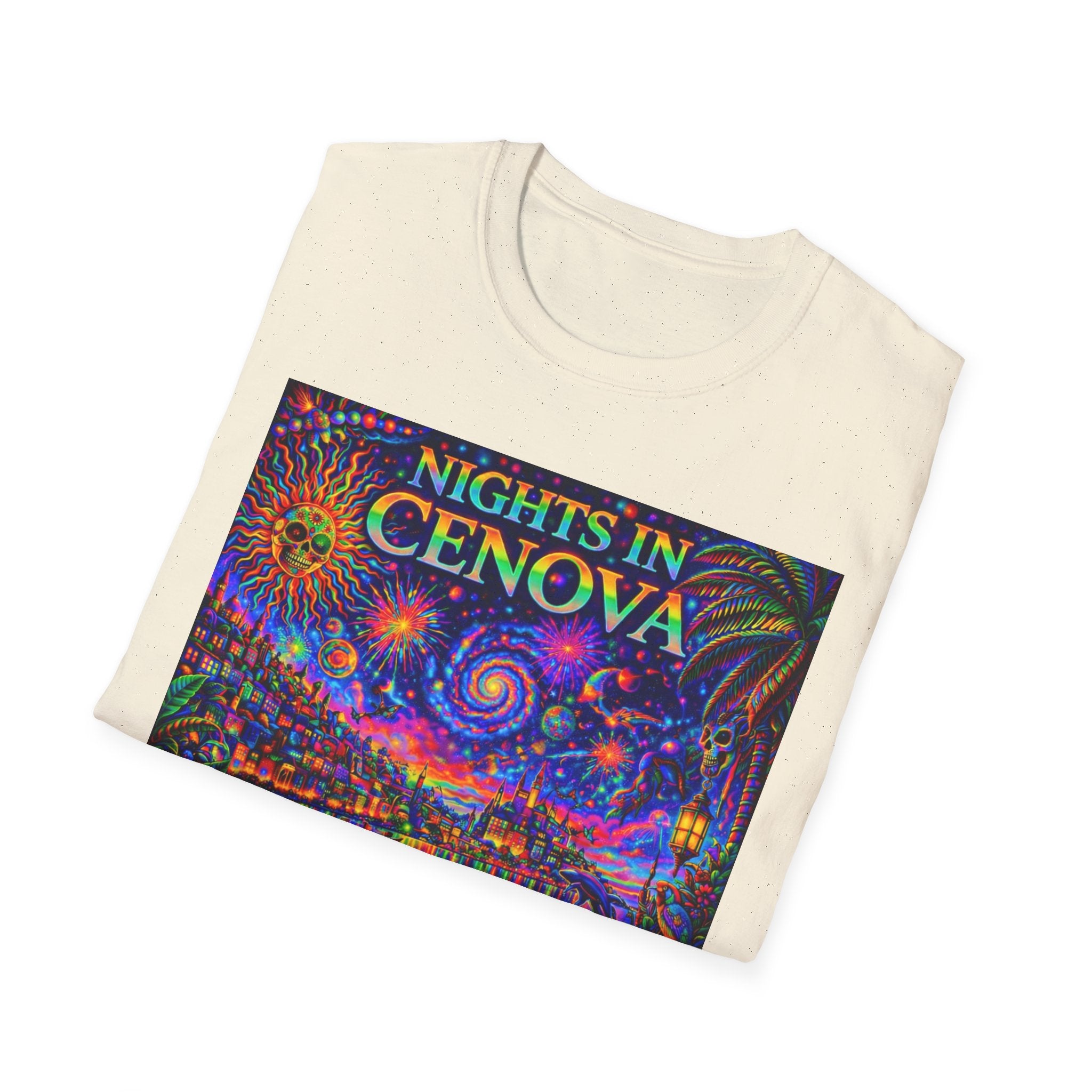 Nights in Cenovia T-Shirt  Song Cover Art From The Caribbean Calavera Album   — Colorful Fireworks Cityscape Tee