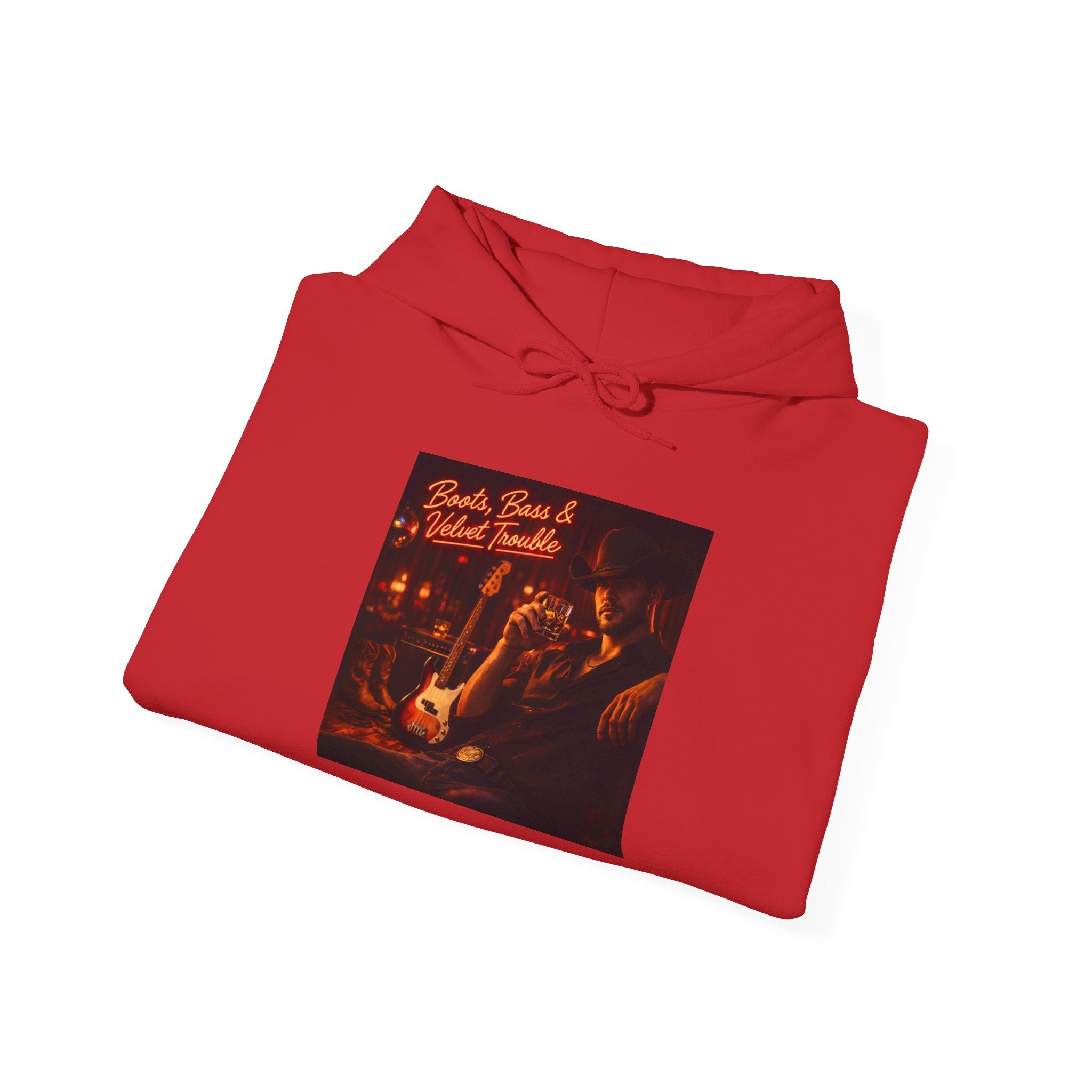 Boots Bass & Velvet Trouble Vintage Whiskey & Guitars Graphic Hoodie Cozy Bar Night Hoodie –