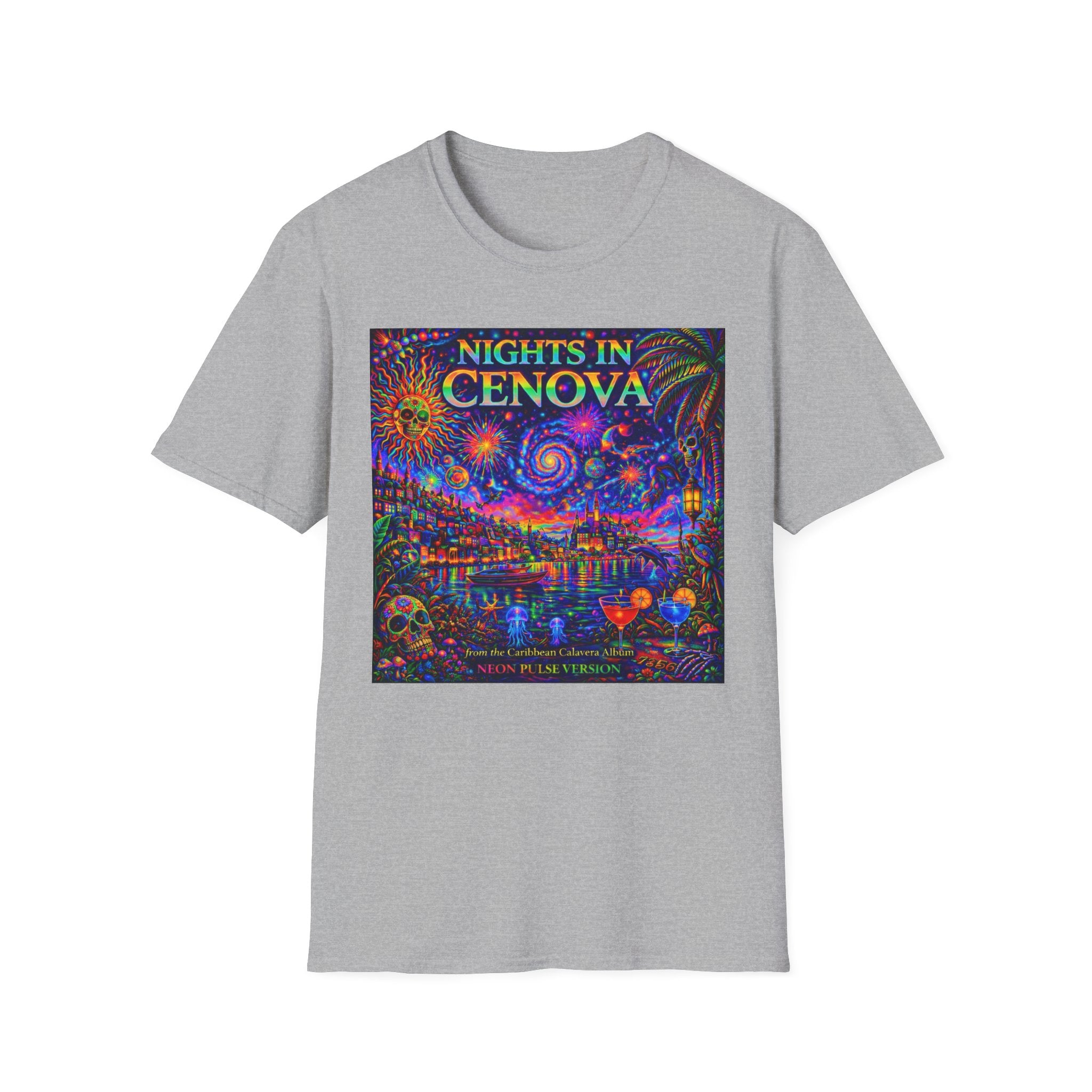 Nights in Cenovia T-Shirt  Song Cover Art From The Caribbean Calavera Album   — Colorful Fireworks Cityscape Tee