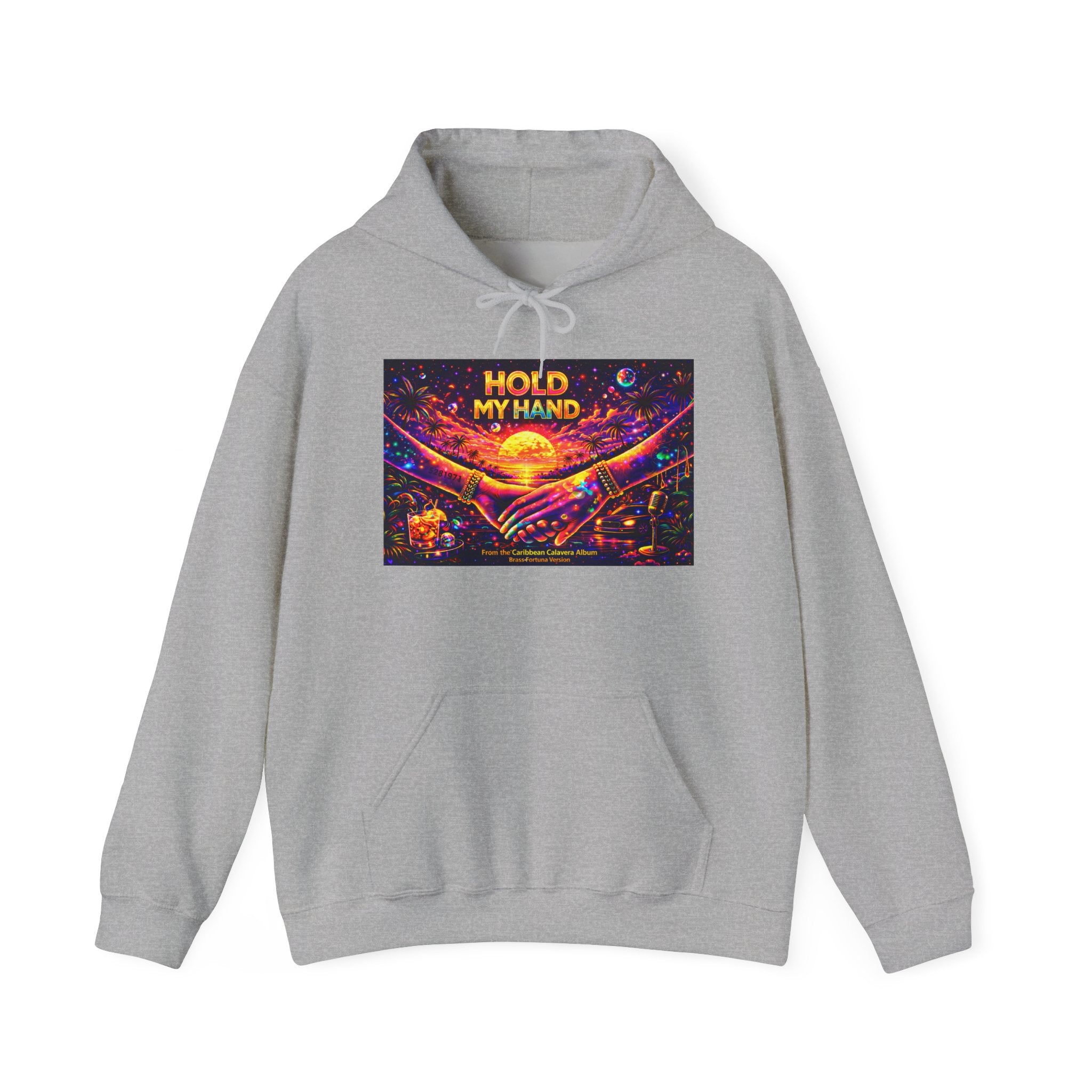 Hold My Hand Cosmic Hoodie Song Cover Art From The Caribbean Calavera Album  — Vibrant Sunset Hands Graphic Sweatshirt