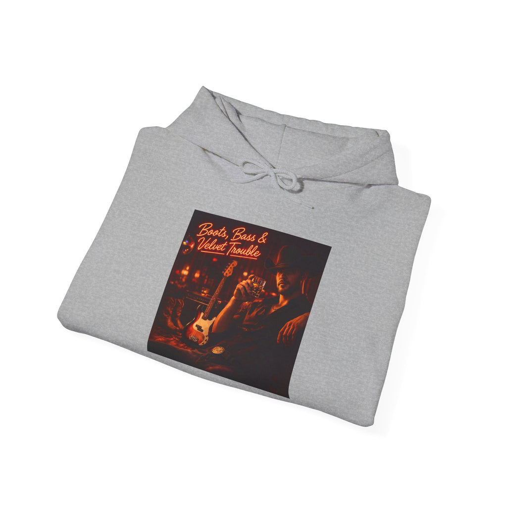 Boots Bass & Velvet Trouble Vintage Whiskey & Guitars Graphic Hoodie Cozy Bar Night Hoodie –