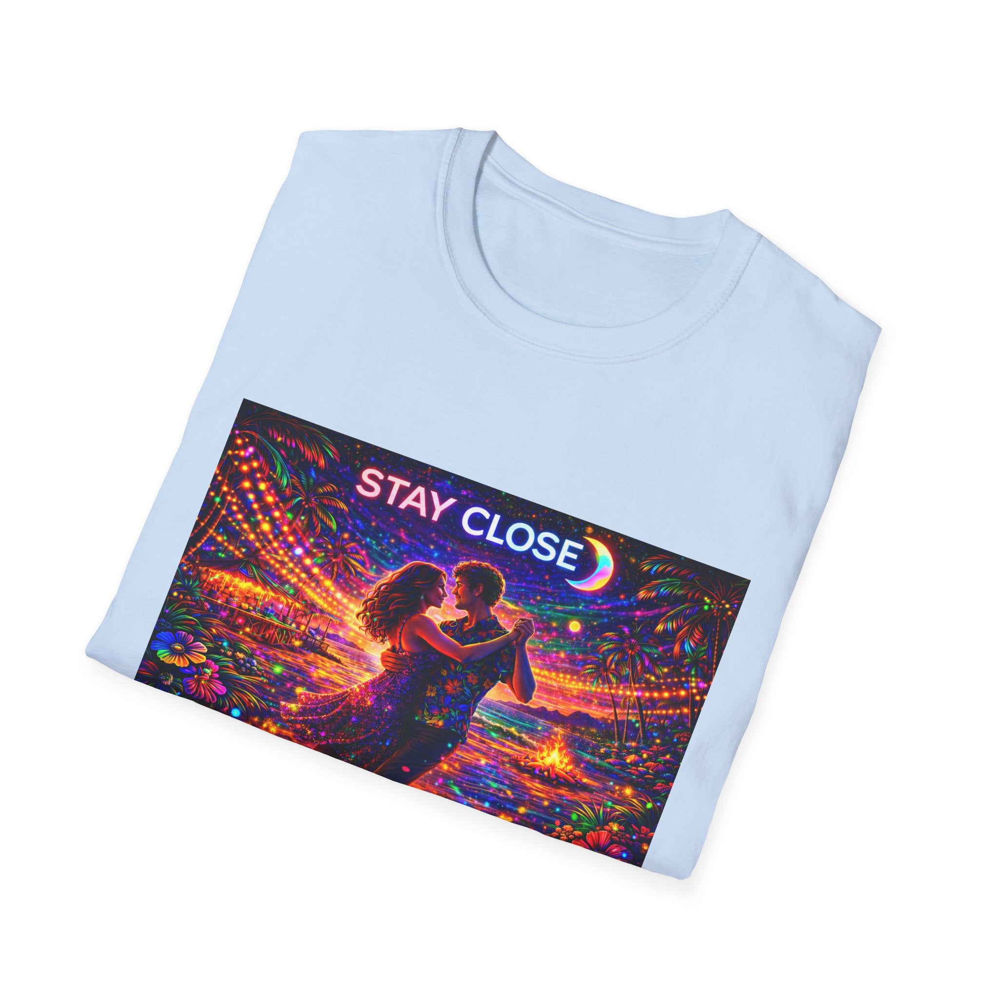 Stay Close Romantic Graphic T‑Shirt  Song Cover Art From The Caribbean Calavera Album  — Neon Couple Illustration