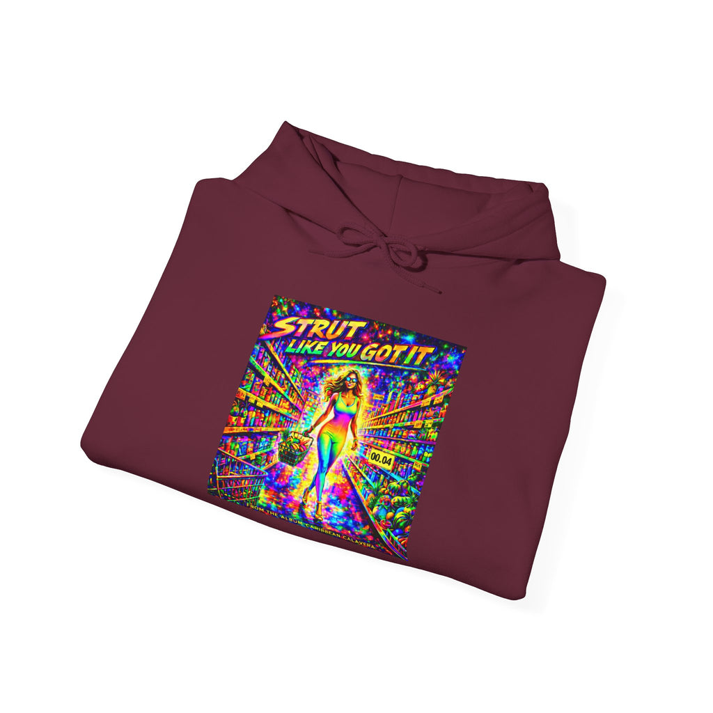 Strut! Like You Got It Retro Disco Hoodie Song Cover Art From The Caribbean Calavera Album — Colorful Rainbow Graphic