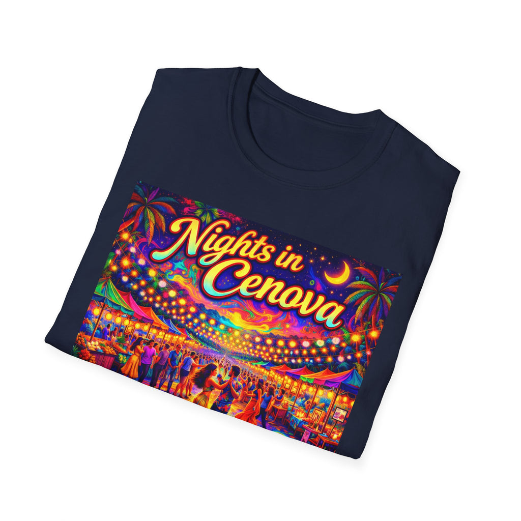 Nights in Cenova Graphic T-Shirt Song Cover Art From The Caribbean Calavera Album — Colorful Festival Street Scene