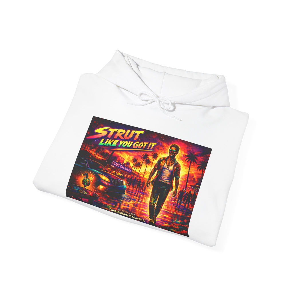 Retro 'Strut Like You Got It' Hoodie Song Cover Art From The Caribbean Calavera Album  — 80s Neon Vaporwave Streetwear