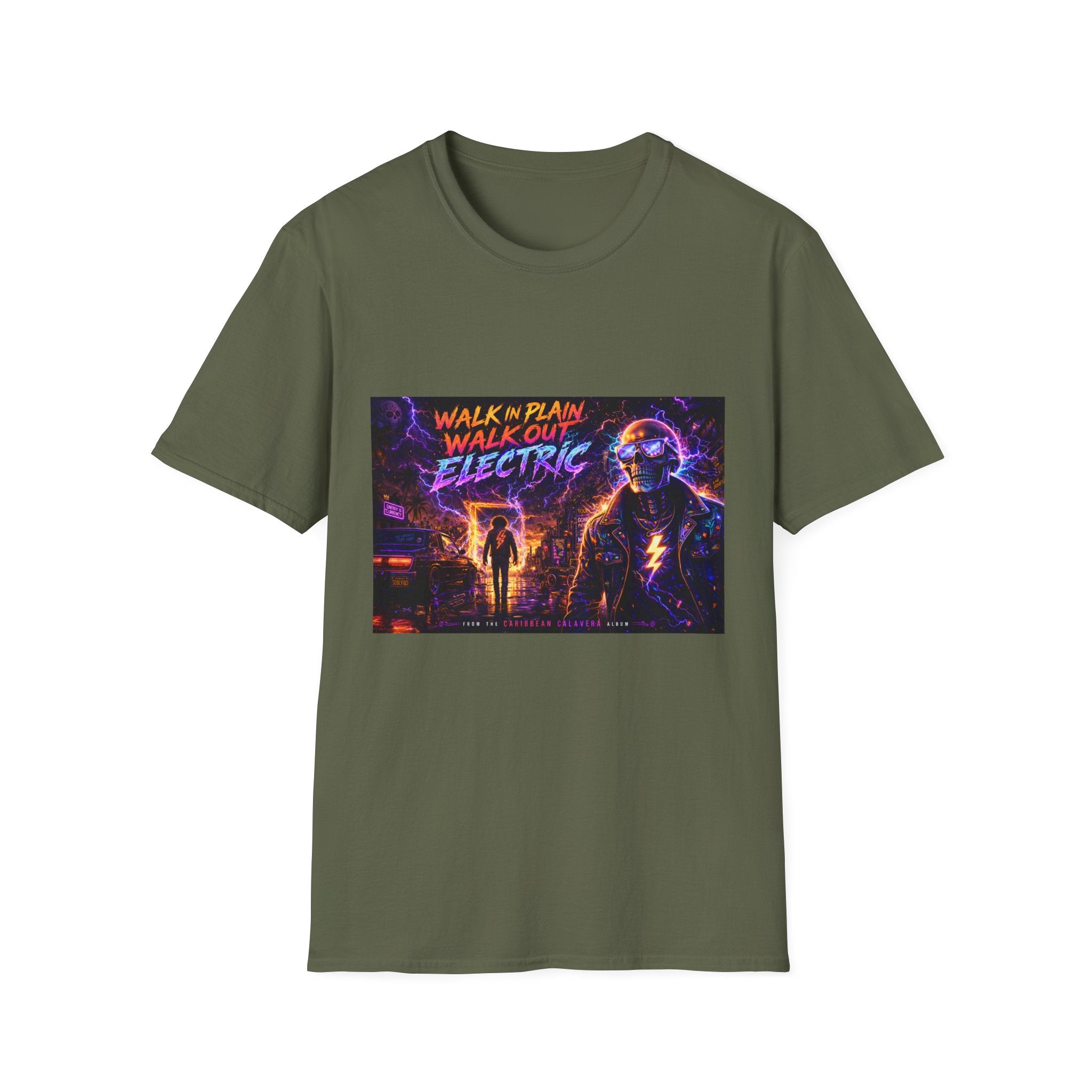 Walk Out Electric  Song Cover Art From The Caribbean Calavera Album Hoodie Retro Tee — “Walk In Plain, Walk Out Electric” Vintage Cyberpunk T-Shirt
