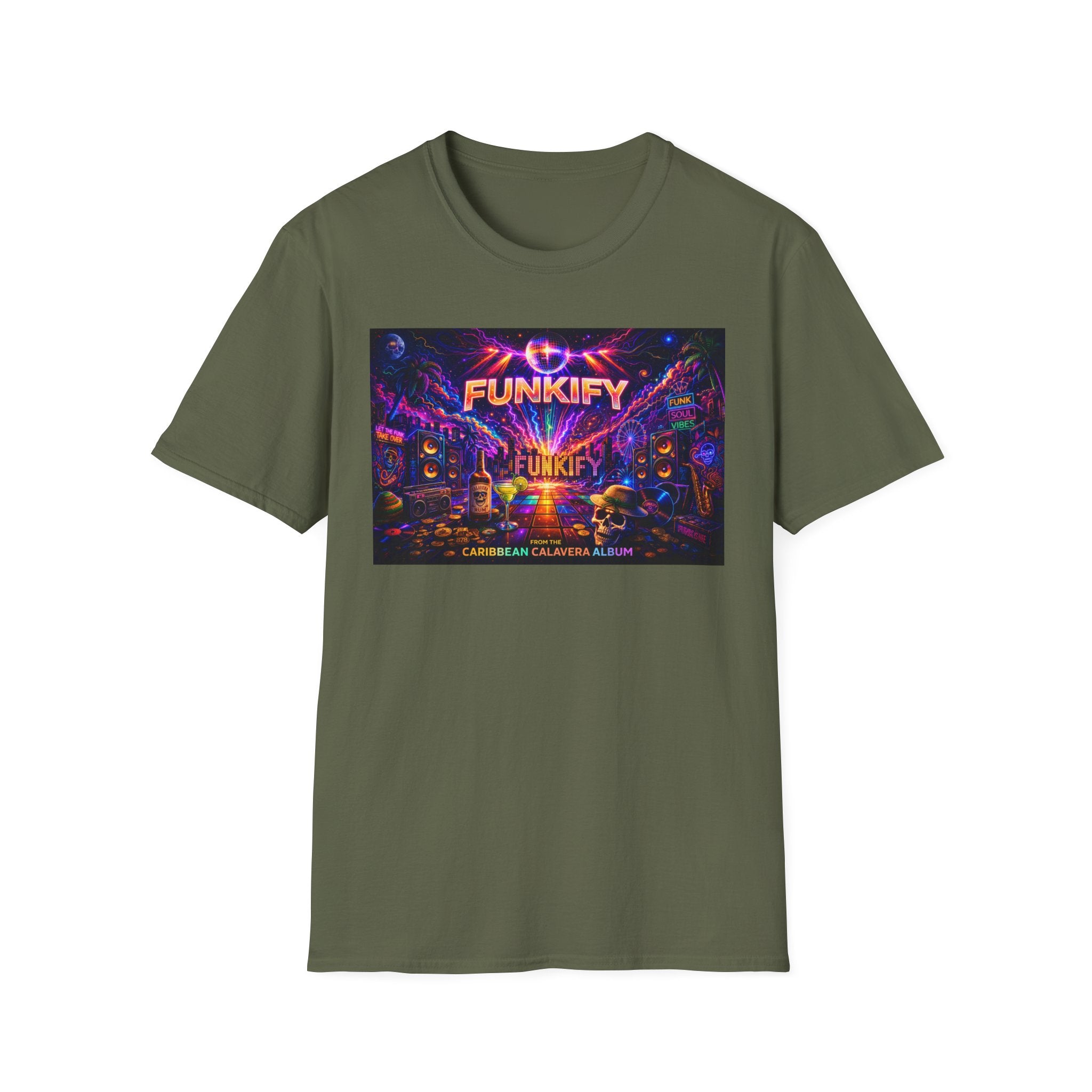 Funkify   Song Cover Art From The Caribbean Calavera Album  Neon City T-Shirt – Retro Synthwave Music Tee