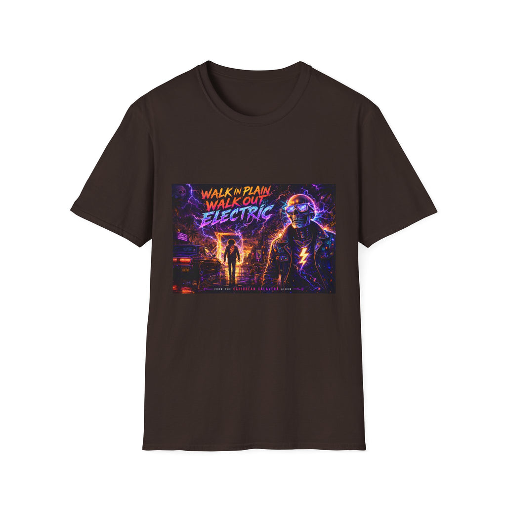 Walk Out Electric  Song Cover Art From The Caribbean Calavera Album Hoodie Retro Tee — “Walk In Plain, Walk Out Electric” Vintage Cyberpunk T-Shirt
