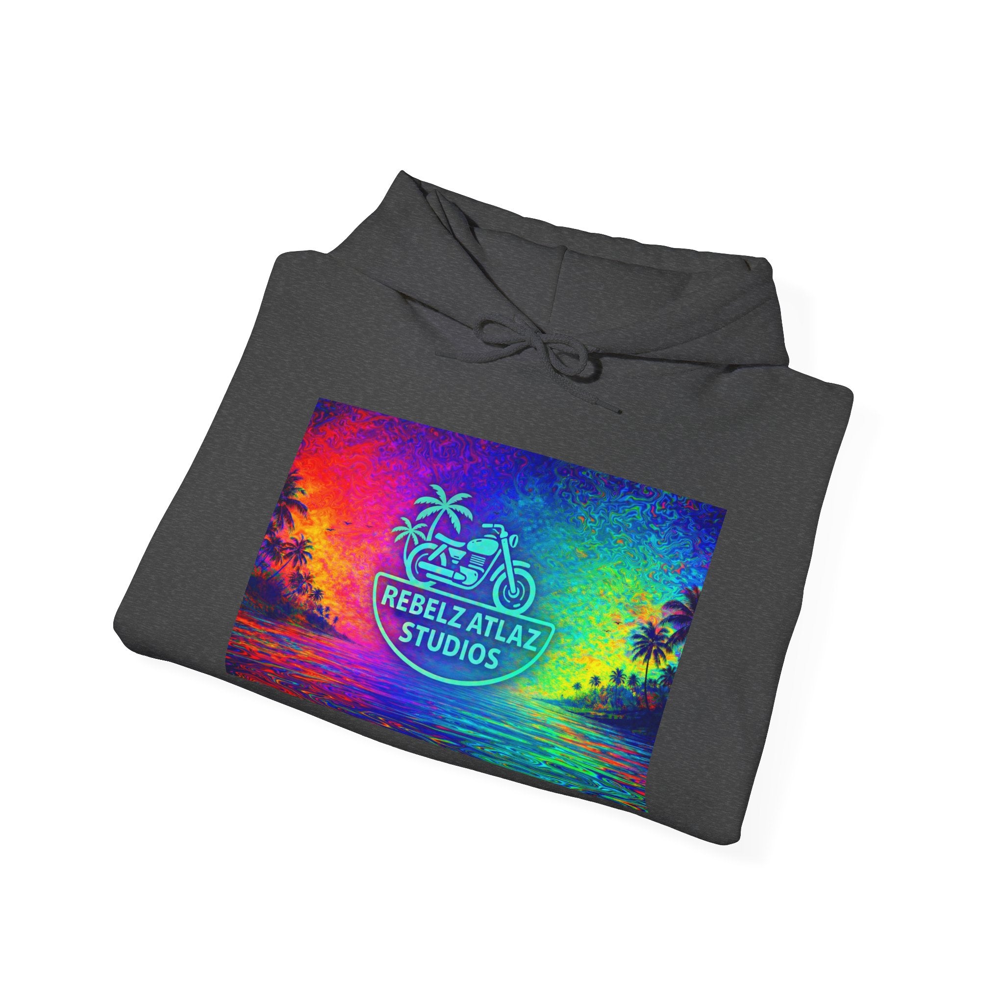 Rebelz Atlaz Studios Tropical Sunset Hoodie — Vibrant Rainbow Beach Graphic