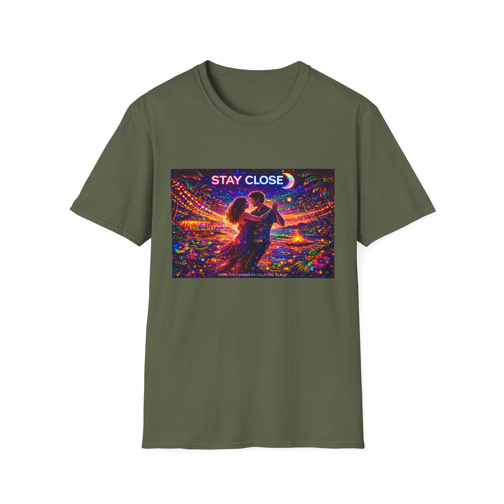 Stay Close Romantic Graphic T‑Shirt  Song Cover Art From The Caribbean Calavera Album  — Neon Couple Illustration