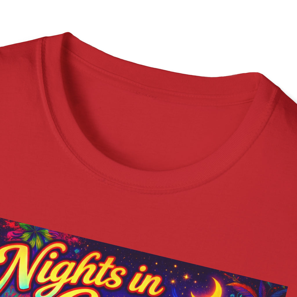 Nights in Cenova Graphic T-Shirt Song Cover Art From The Caribbean Calavera Album — Colorful Festival Street Scene