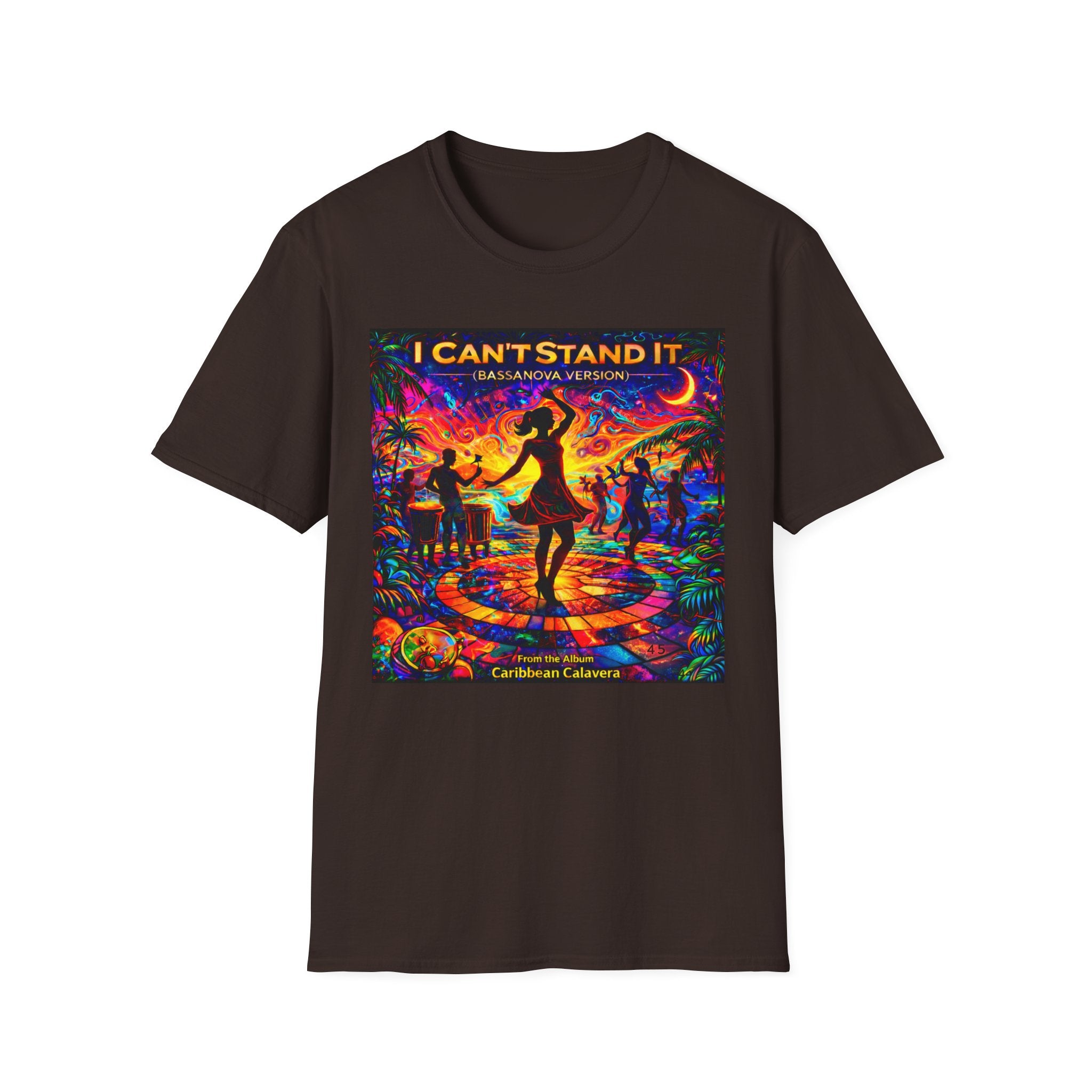I Can't Stand It Dance T-Shirt   Song Cover Art From The Caribbean Calavera Album — Vibrant Caribbean Disco Sunset Tee