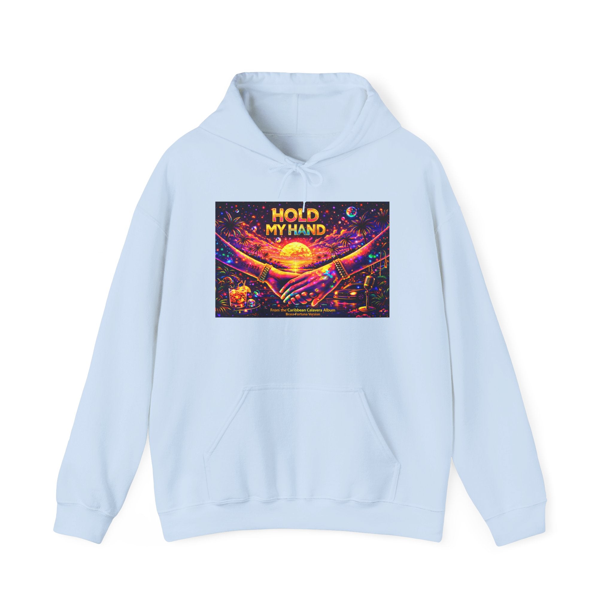 Hold My Hand Cosmic Hoodie Song Cover Art From The Caribbean Calavera Album  — Vibrant Sunset Hands Graphic Sweatshirt