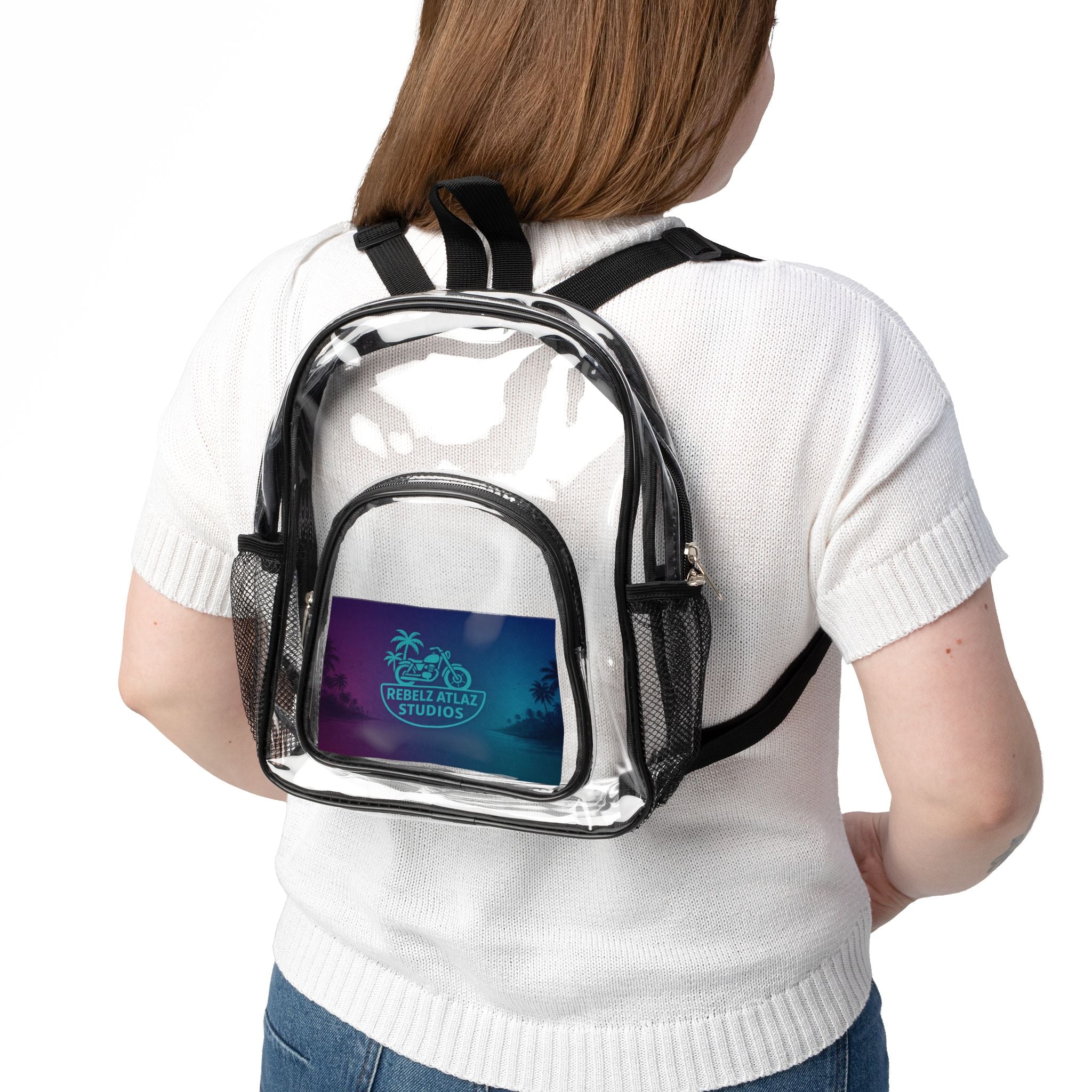 Rebelz Atlaz Logo Motorcycle Palm Trees Clear Stadium Backpack - Transparent Security Bag for Games, Concerts & School
