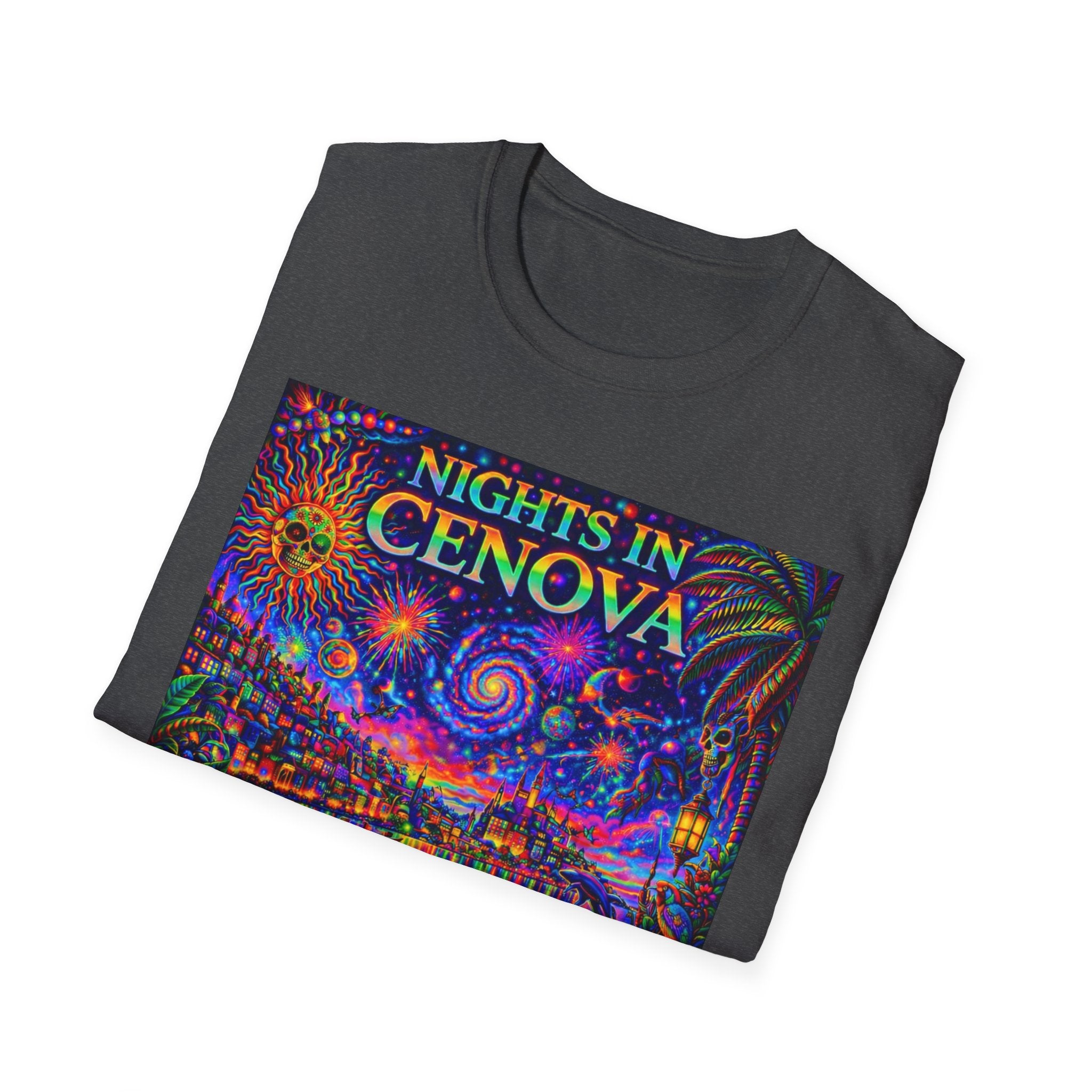 Nights in Cenovia T-Shirt  Song Cover Art From The Caribbean Calavera Album   — Colorful Fireworks Cityscape Tee