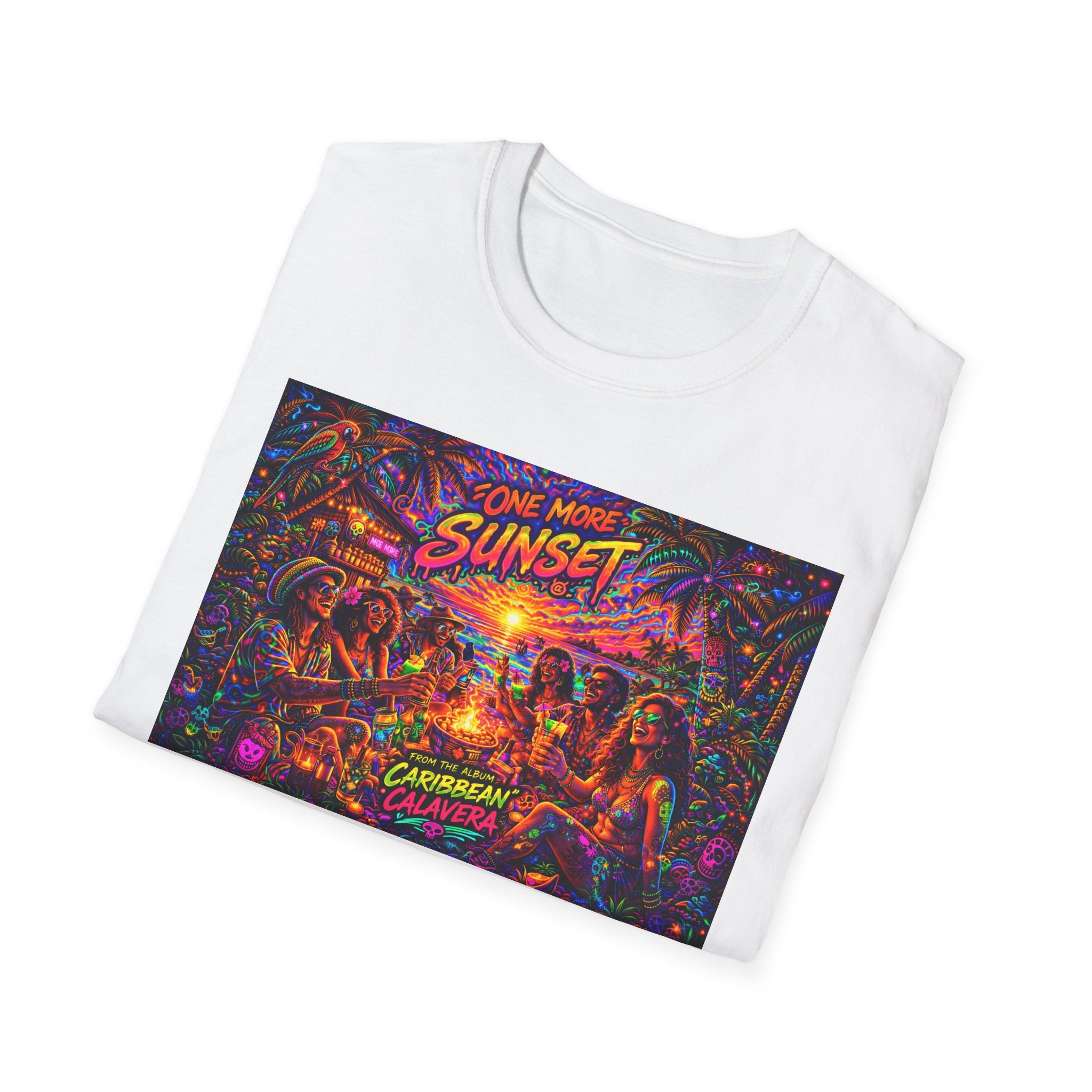 One More Sunset Bonfire Graphic T-Shirt  Song Cover Art From The Caribbean Calavera Album   — "Sunset" Neon Beach Party Tee