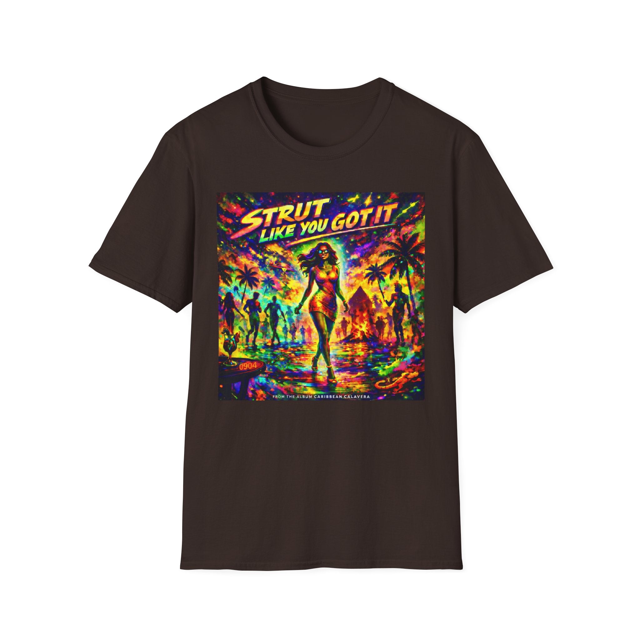 Strut Like You Got It Graphic T-Shirt  Song Cover Art From The Caribbean Calavera Album — Retro Neon Beach Vibe