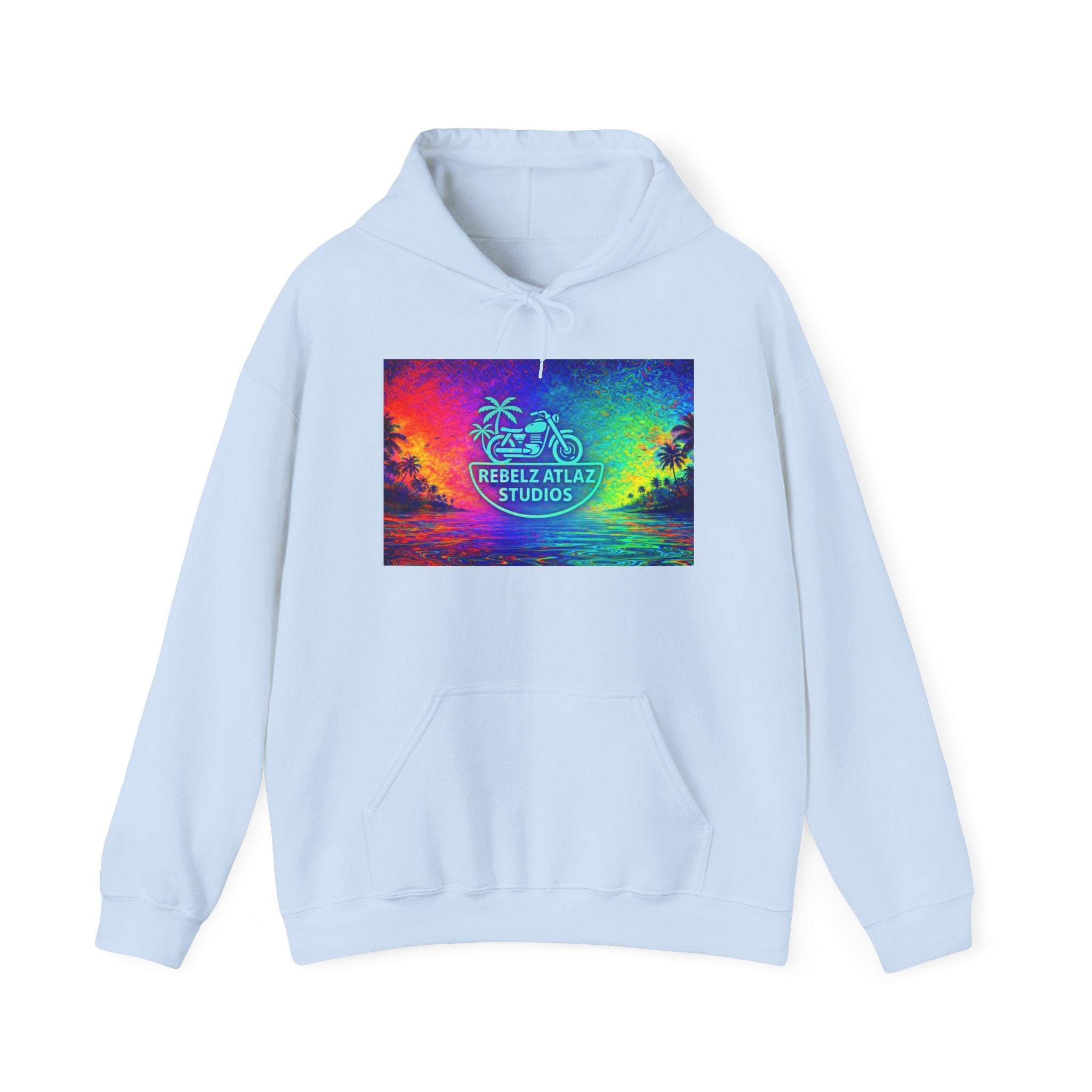 Rebelz Atlaz Studios Tropical Sunset Hoodie — Vibrant Rainbow Beach Graphic