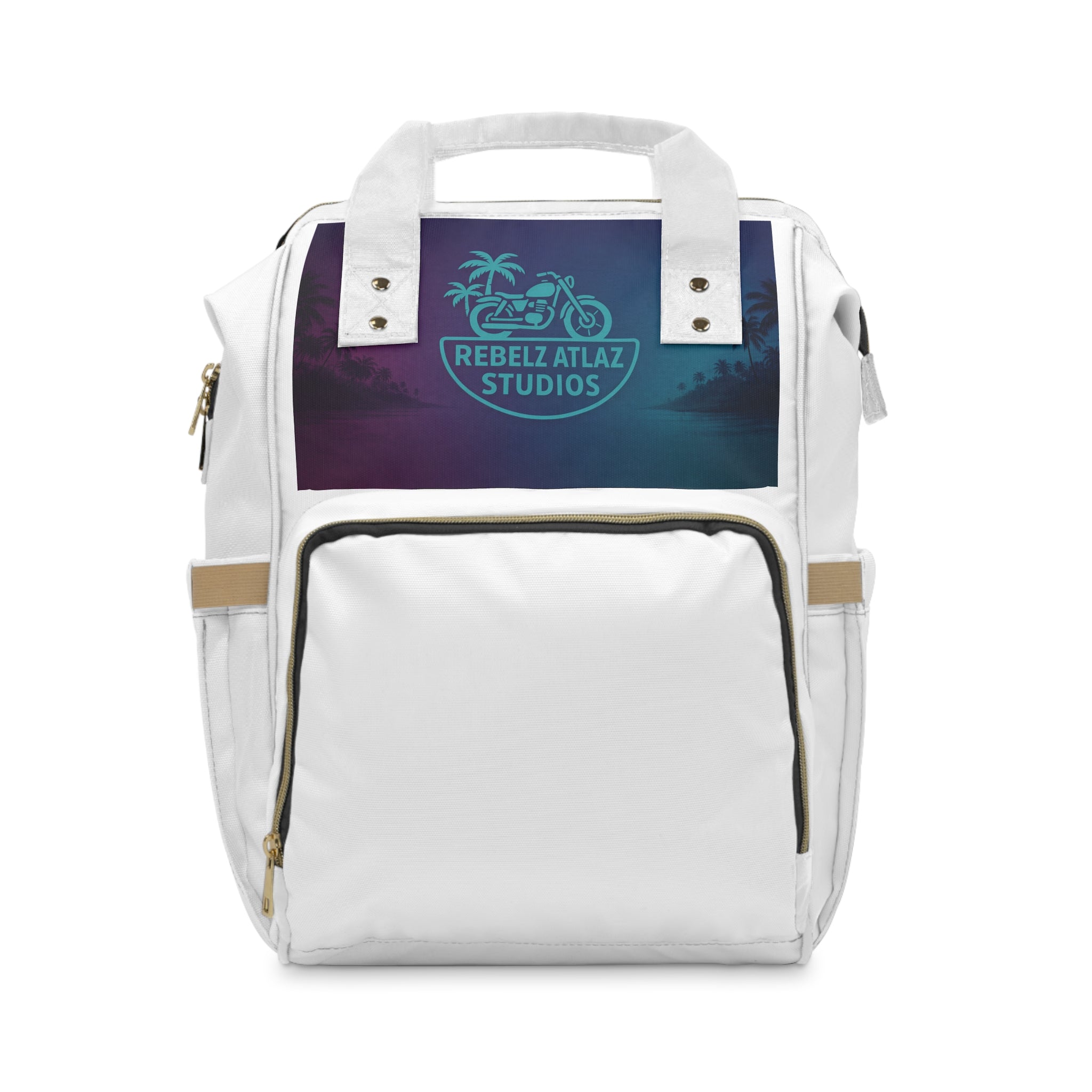 Rebelz Atlaz Motorcycle Palms Trees Logo Purse Day Pack Diaper Backpack – Tropical Sunset 'Slow Jam' Couple Design, Multifunctional Baby Bag
