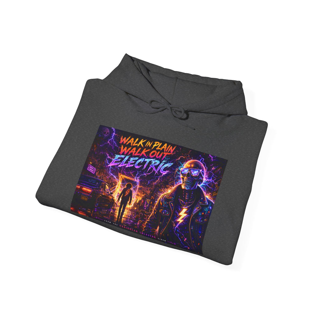 Hoodie — Neon 'Walk With Me, Walk Out Electric' Retro Cyberpunk Design