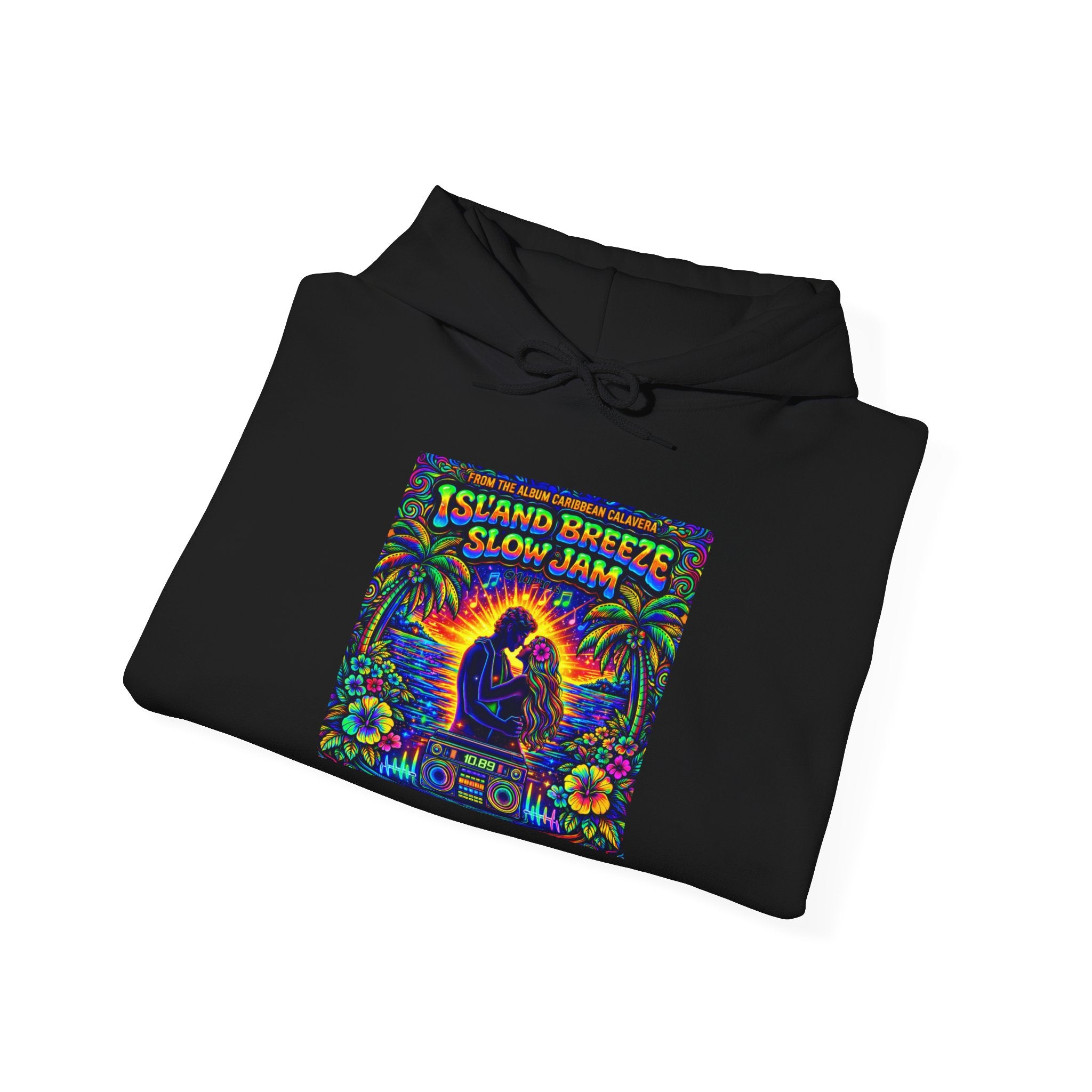 Island Breeze Slow Jam Hoodie  Song Cover Art From The Caribbean Calavera Album  — Retro Tropical Couple Graphic Hoodie