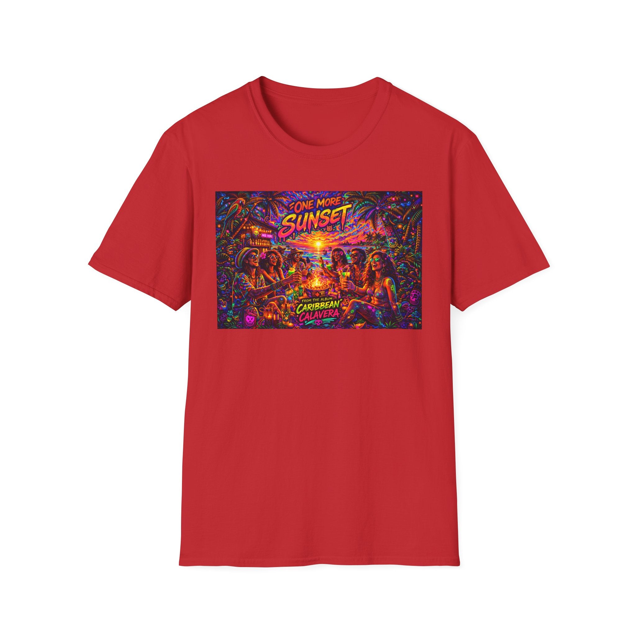 One More Sunset Bonfire Graphic T-Shirt  Song Cover Art From The Caribbean Calavera Album   — "Sunset" Neon Beach Party Tee