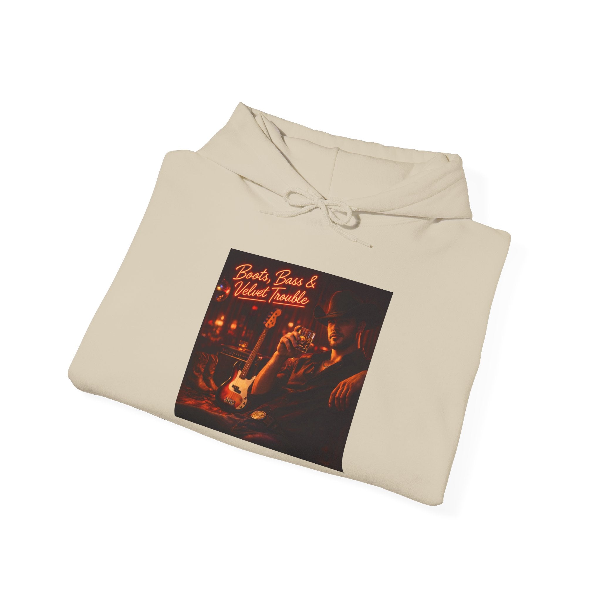 Boots Bass & Velvet Trouble Vintage Whiskey & Guitars Graphic Hoodie Cozy Bar Night Hoodie –
