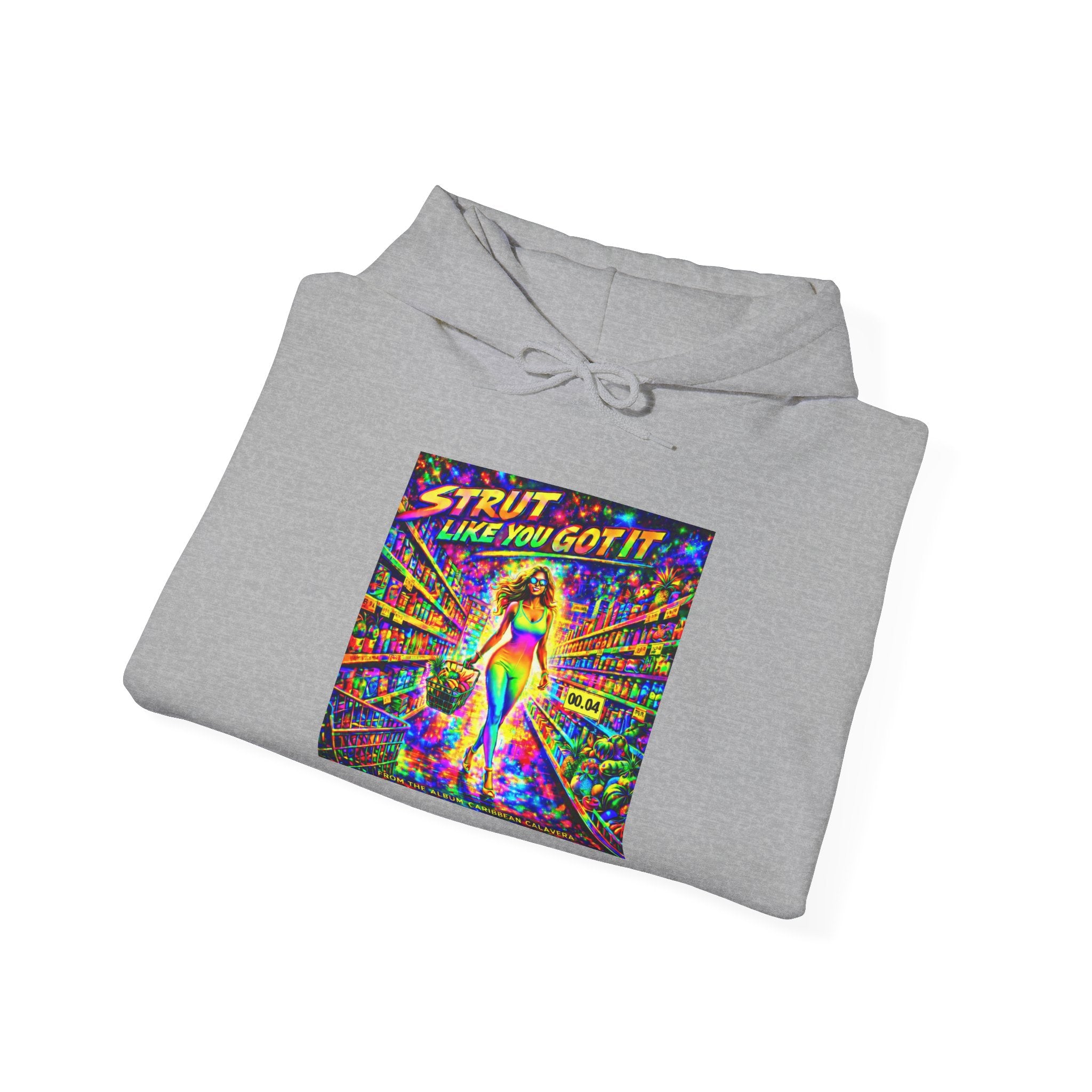 Strut! Like You Got It Retro Disco Hoodie Song Cover Art From The Caribbean Calavera Album — Colorful Rainbow Graphic