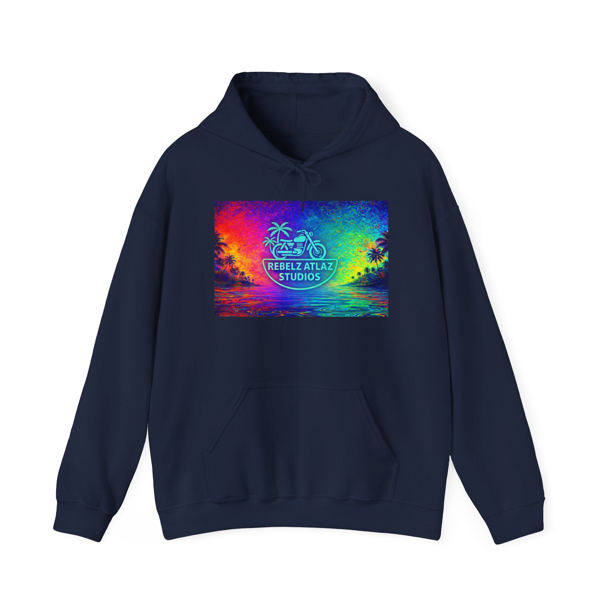Rebelz Atlaz Studios Tropical Sunset Hoodie — Vibrant Rainbow Beach Graphic