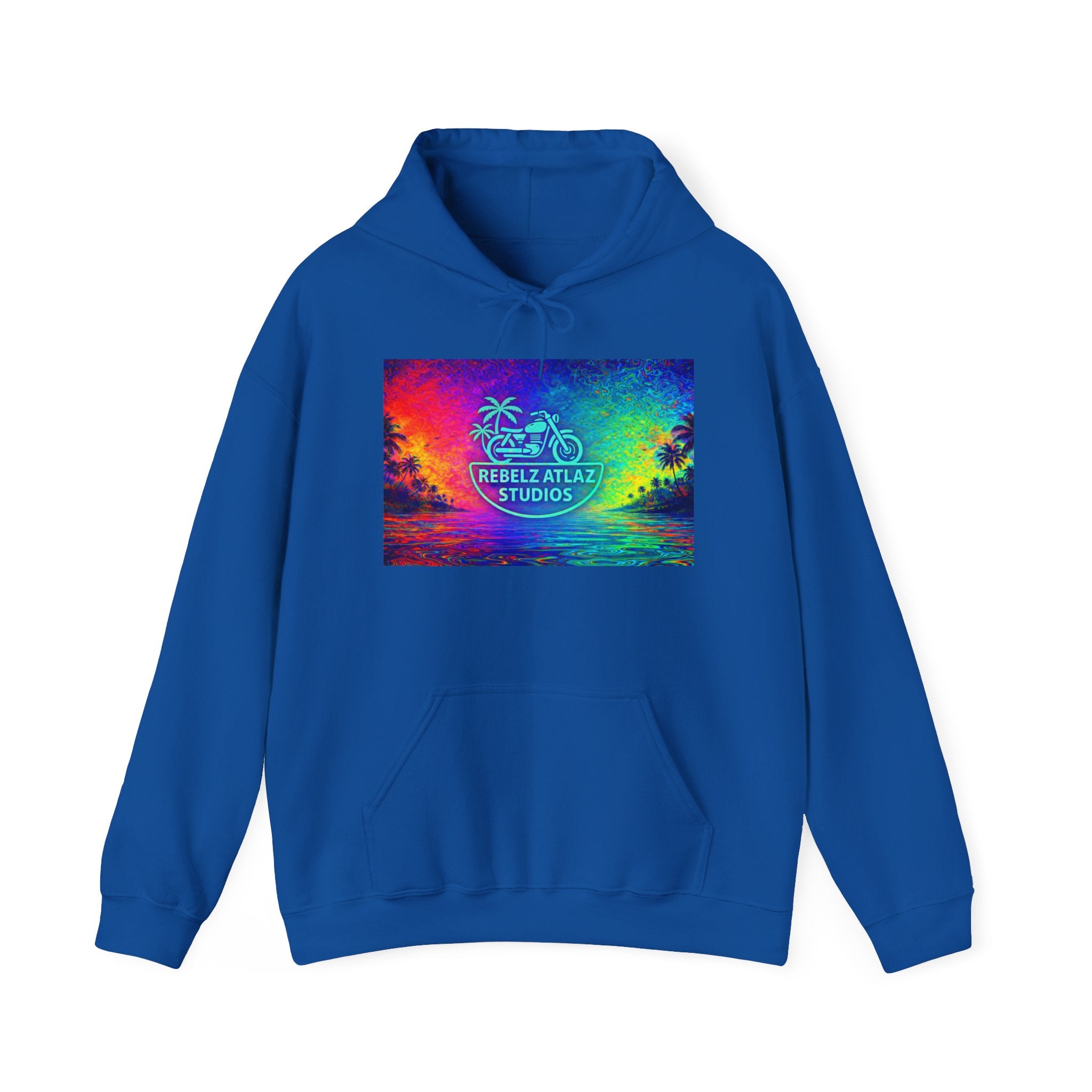 Rebelz Atlaz Studios Tropical Sunset Hoodie — Vibrant Rainbow Beach Graphic