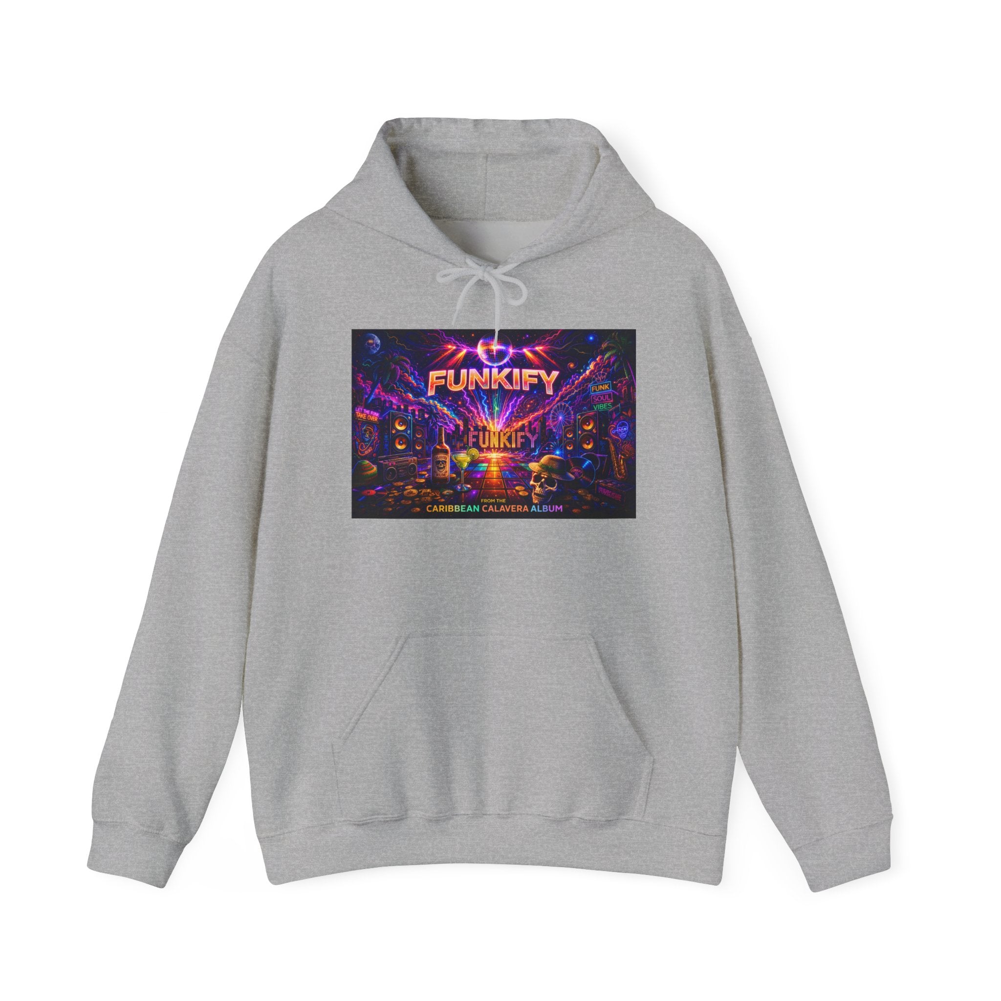 Funkify  Song Cover Art From The Caribbean Calavera Album   Retro Neon Music Hoodie — Vibrant Electronic Festival Sweatshirt