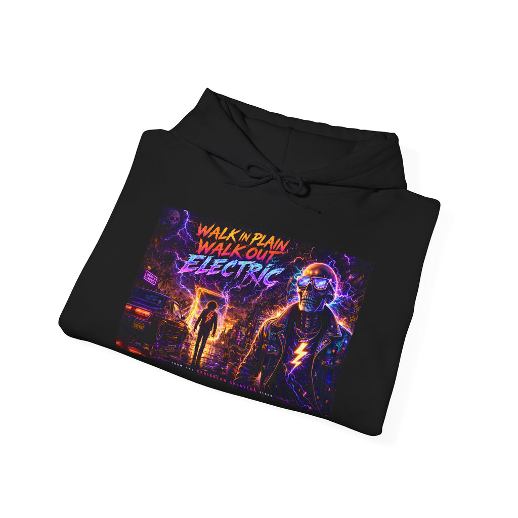 Hoodie — Neon 'Walk With Me, Walk Out Electric' Retro Cyberpunk Design