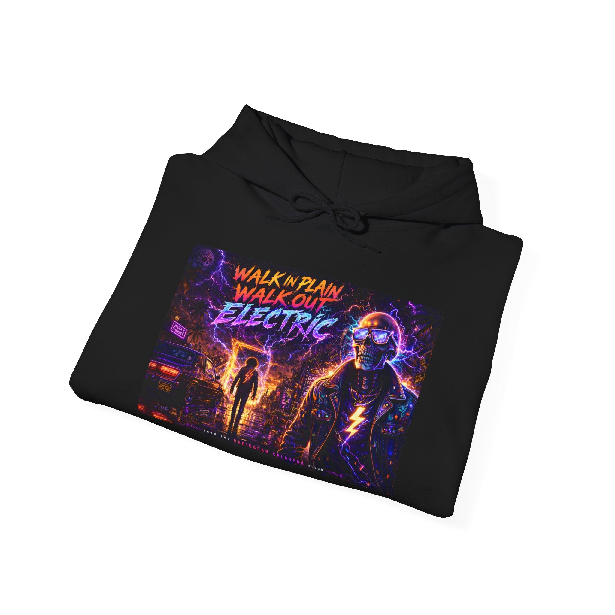 Hoodie — Neon 'Walk With Me, Walk Out Electric' Retro Cyberpunk Design