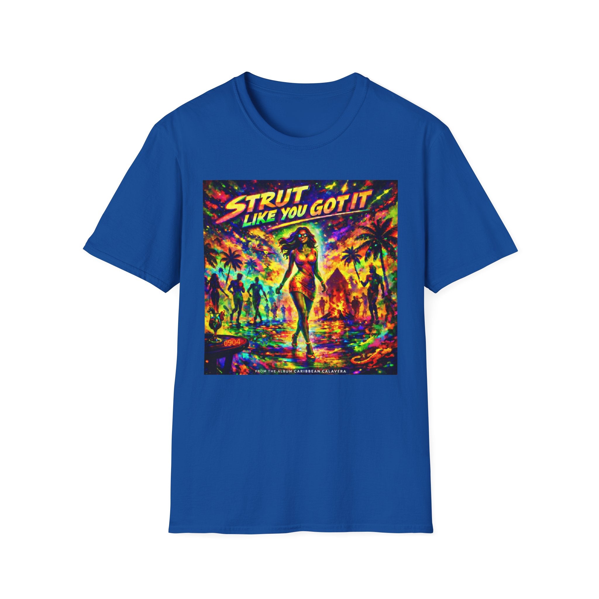 Strut Like You Got It Graphic T-Shirt  Song Cover Art From The Caribbean Calavera Album — Retro Neon Beach Vibe