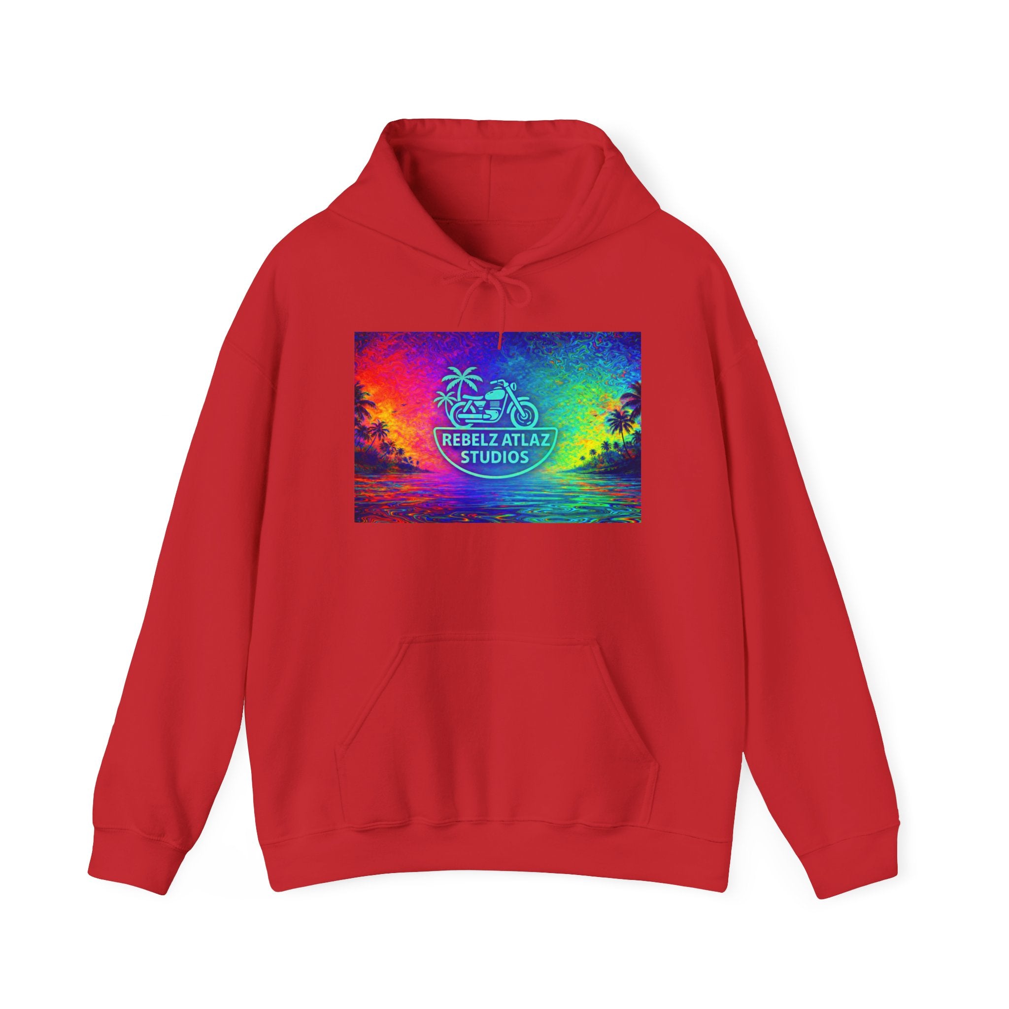 Rebelz Atlaz Studios Tropical Sunset Hoodie — Vibrant Rainbow Beach Graphic