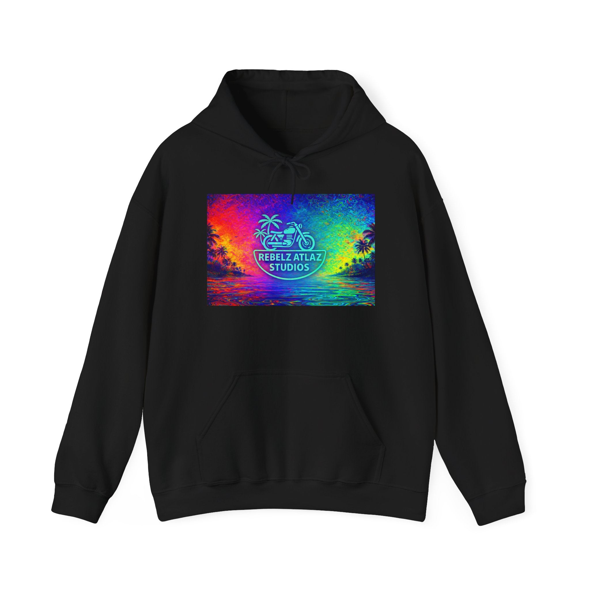 Rebelz Atlaz Studios Tropical Sunset Hoodie — Vibrant Rainbow Beach Graphic