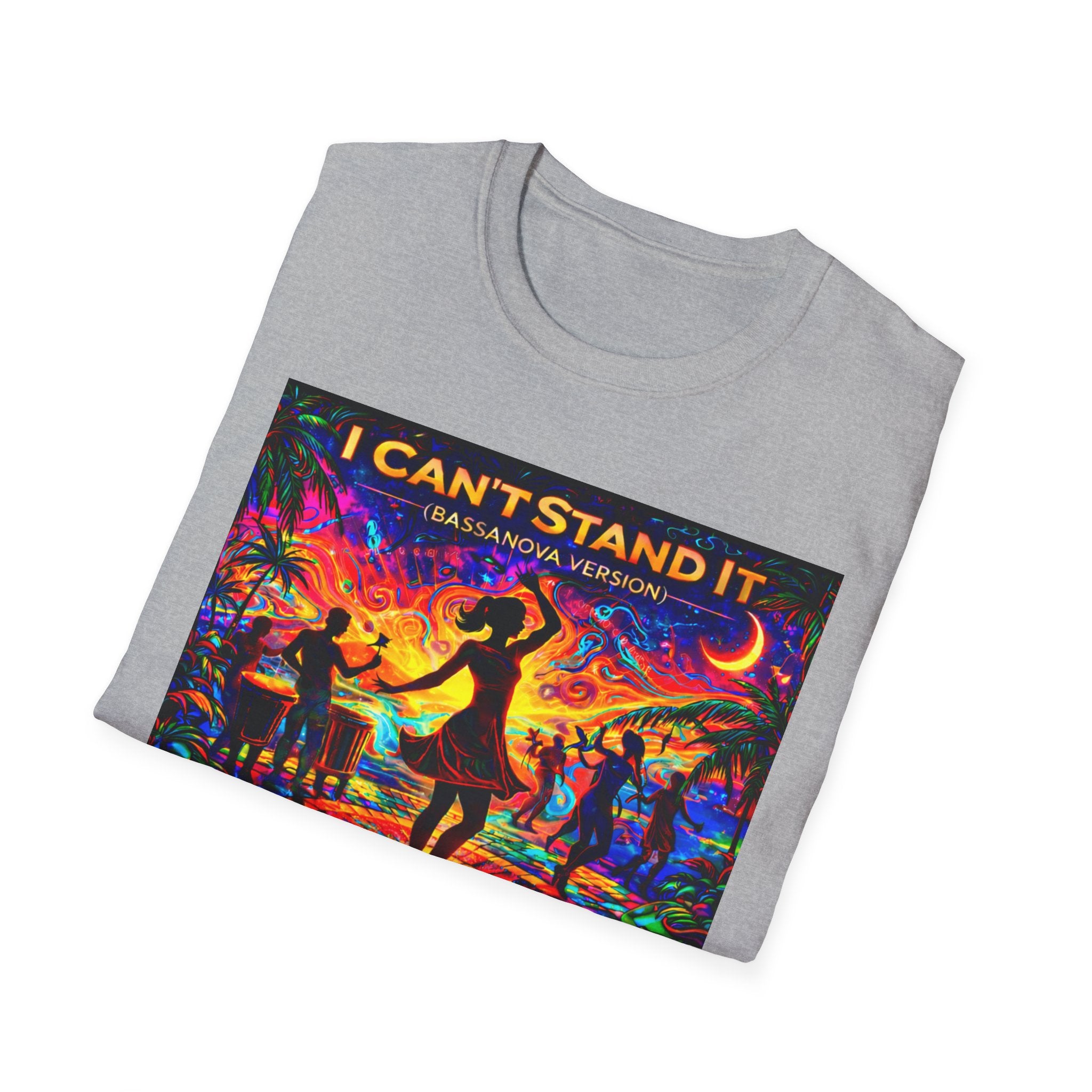 I Can't Stand It Dance T-Shirt   Song Cover Art From The Caribbean Calavera Album — Vibrant Caribbean Disco Sunset Tee