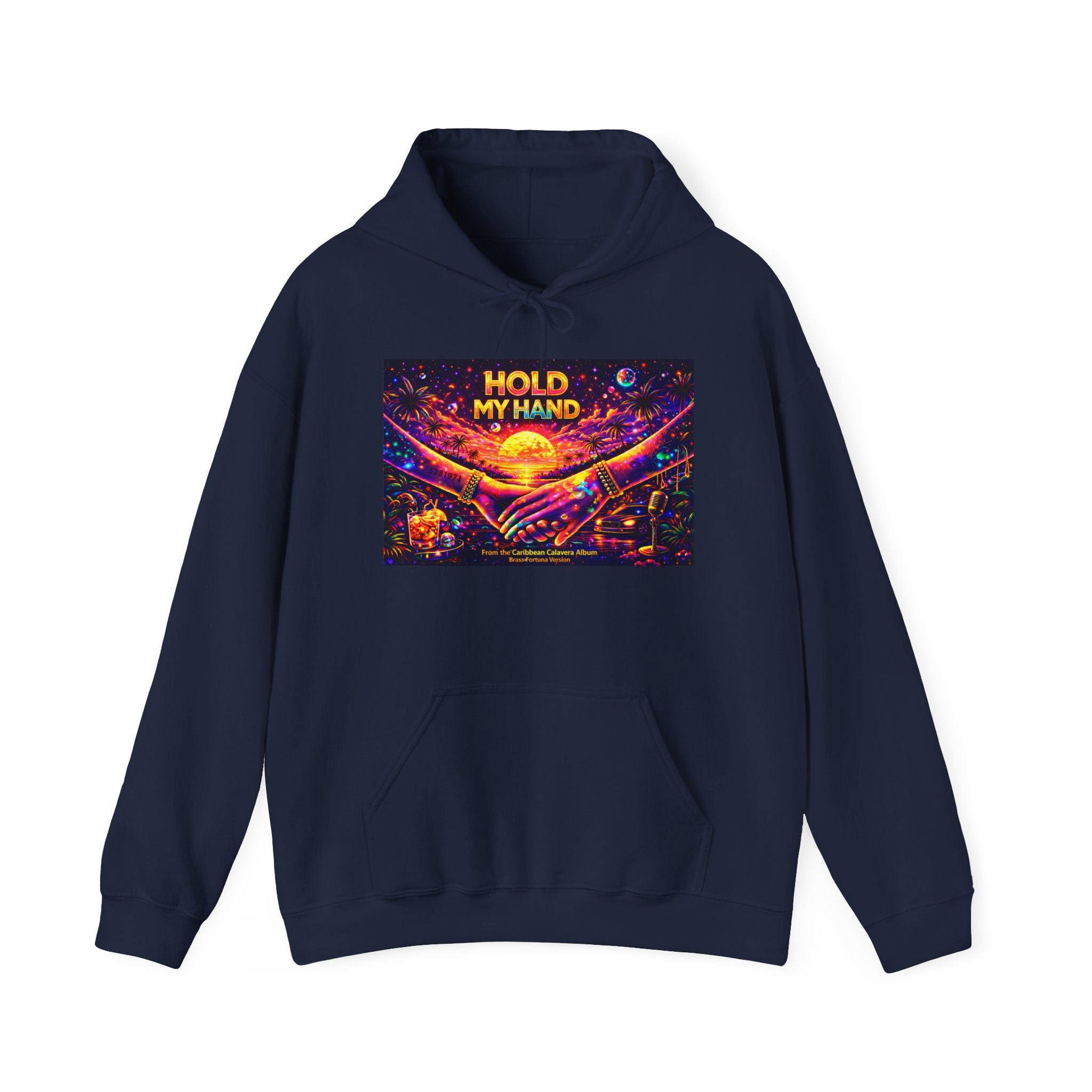 Hold My Hand Cosmic Hoodie Song Cover Art From The Caribbean Calavera Album  — Vibrant Sunset Hands Graphic Sweatshirt