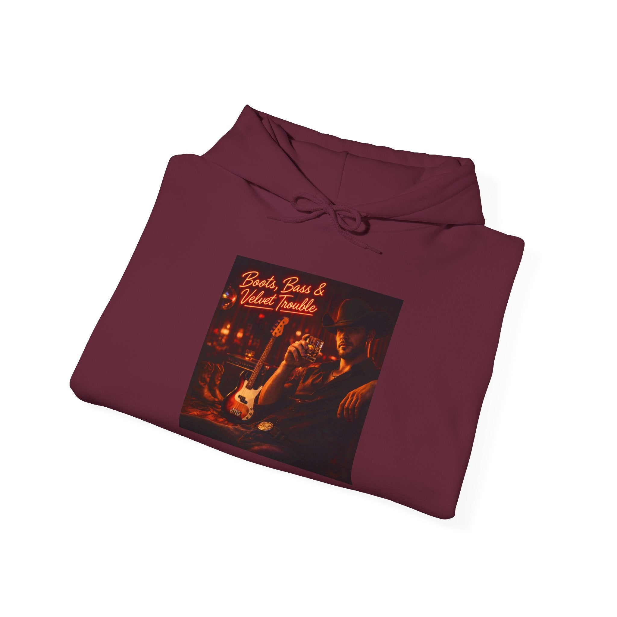 Boots Bass & Velvet Trouble Vintage Whiskey & Guitars Graphic Hoodie Cozy Bar Night Hoodie –