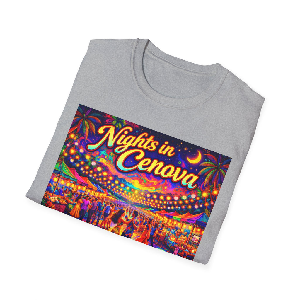 Nights in Cenova Graphic T-Shirt Song Cover Art From The Caribbean Calavera Album — Colorful Festival Street Scene