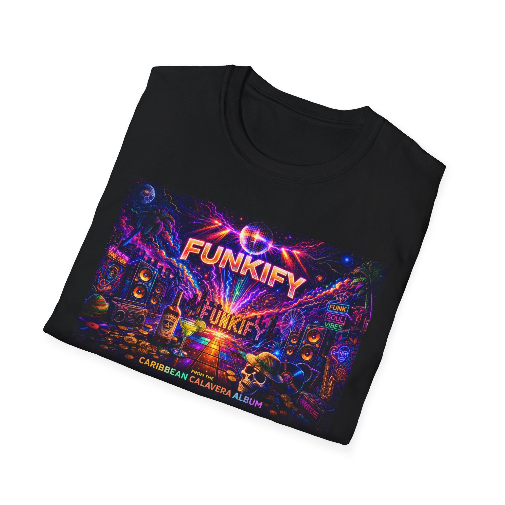 Funkify   Song Cover Art From The Caribbean Calavera Album  Neon City T-Shirt – Retro Synthwave Music Tee