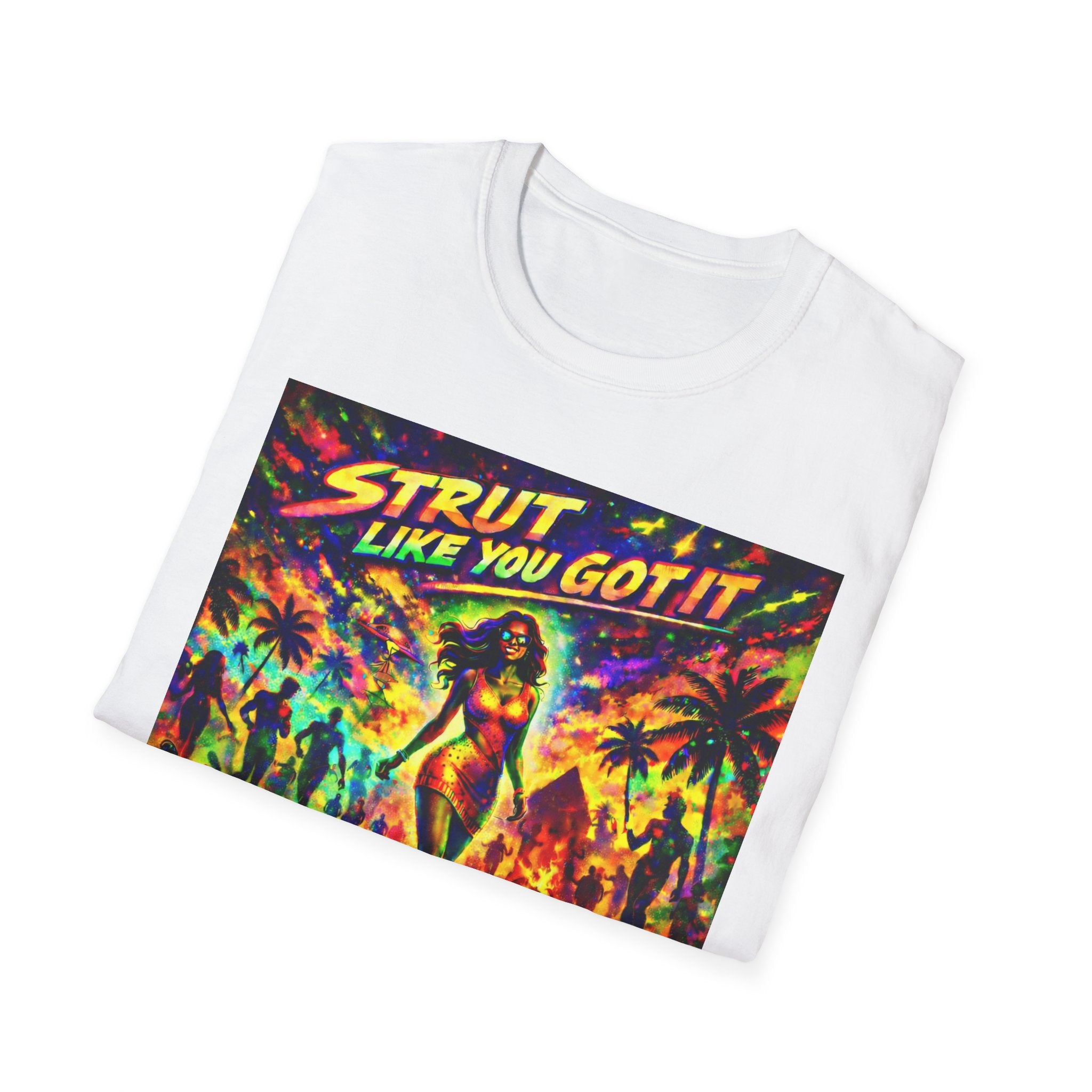 Strut Like You Got It Graphic T-Shirt  Song Cover Art From The Caribbean Calavera Album — Retro Neon Beach Vibe