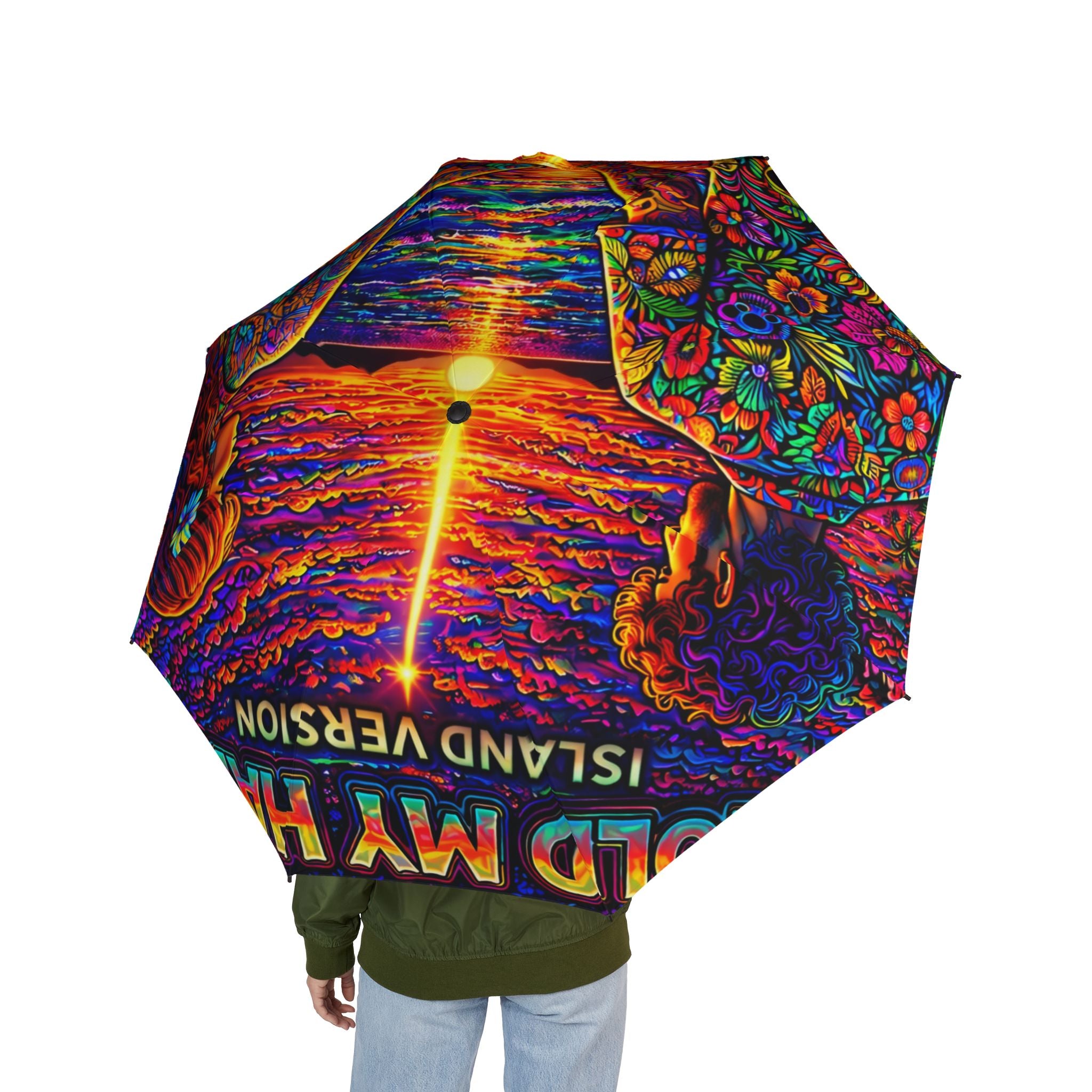 Hold My Hand Island Version Song Cover Artwork Psychedelic Sunset Foldable Umbrella — Colorful Boho Rain Protection