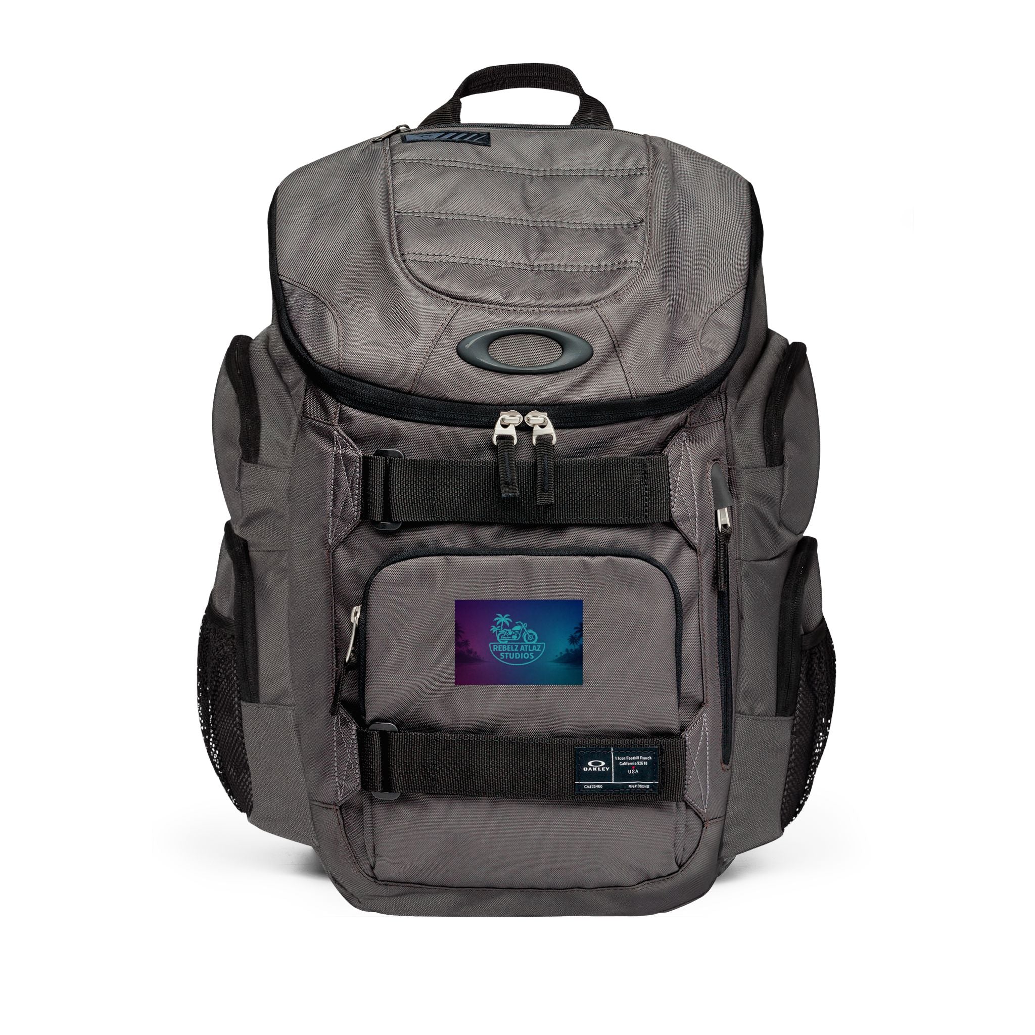Rebelz Atlaz Studios Logo Palm Trees and Motorcycle Enduro 30L Travel Backpack — Rugged Daypack for Commuting, Hiking & School