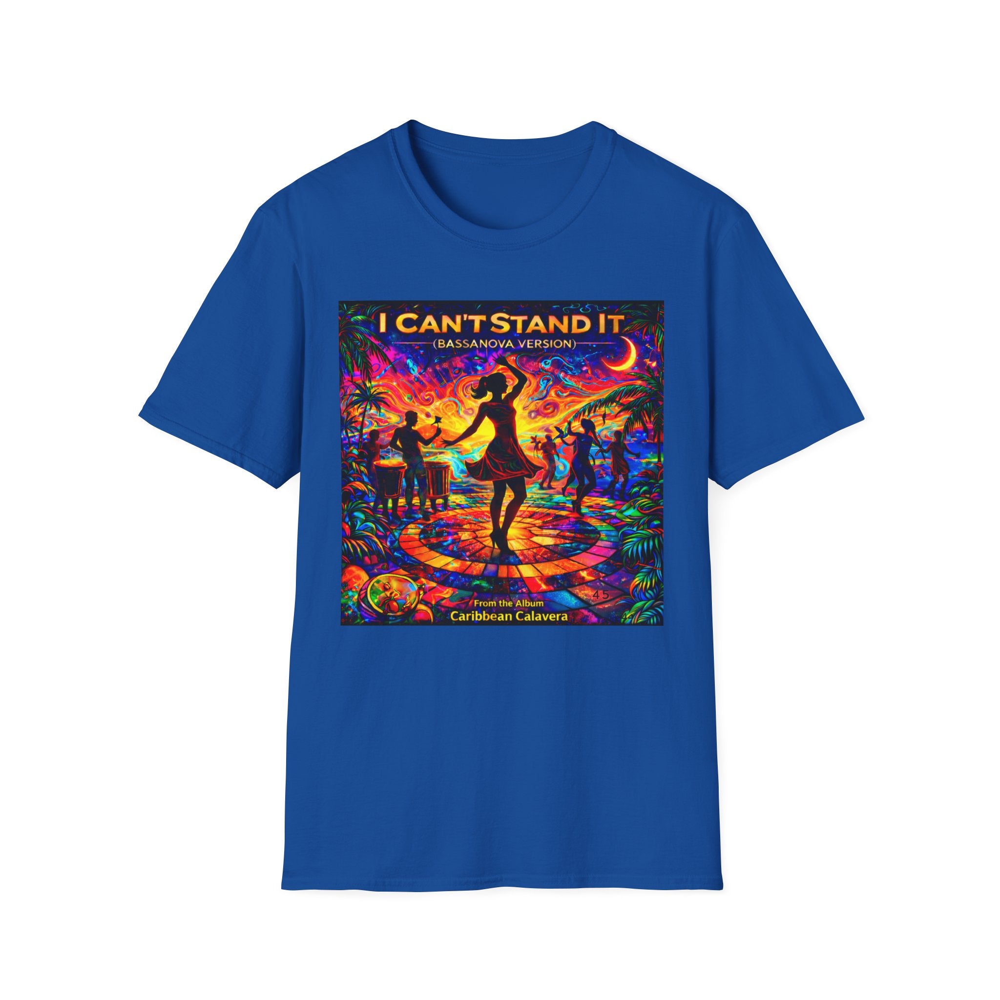 I Can't Stand It Dance T-Shirt   Song Cover Art From The Caribbean Calavera Album — Vibrant Caribbean Disco Sunset Tee