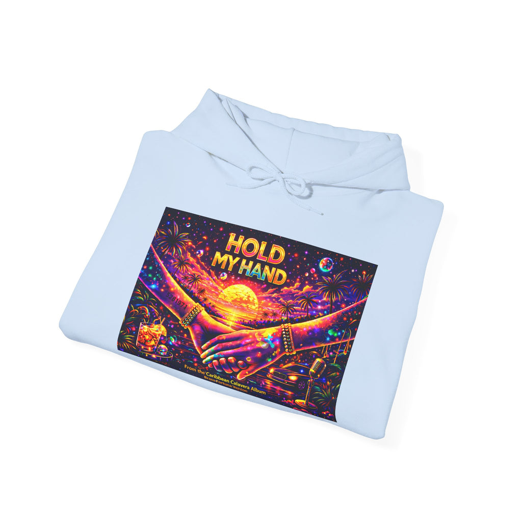 Hold My Hand Cosmic Hoodie Song Cover Art From The Caribbean Calavera Album  — Vibrant Sunset Hands Graphic Sweatshirt