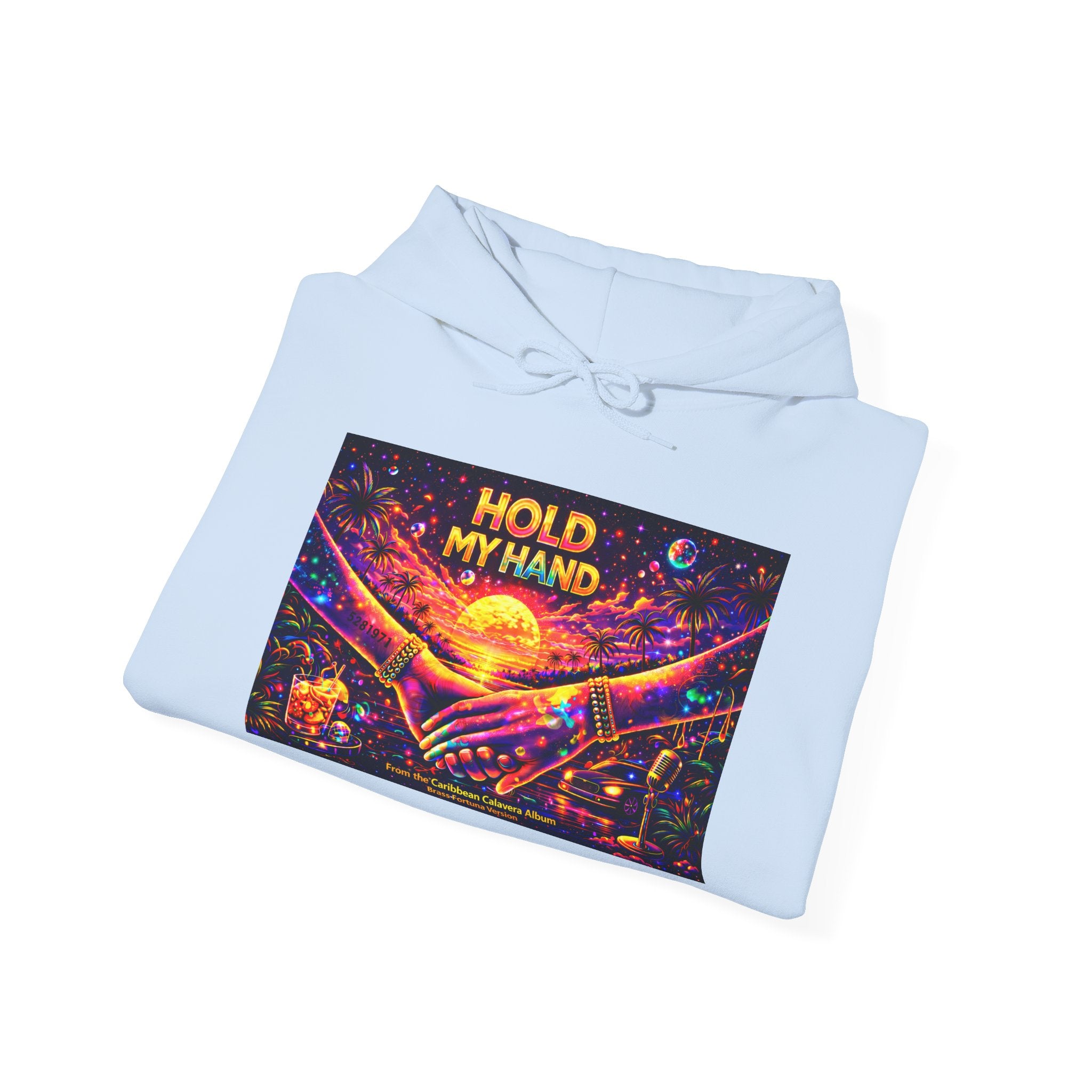 Hold My Hand Cosmic Hoodie Song Cover Art From The Caribbean Calavera Album  — Vibrant Sunset Hands Graphic Sweatshirt